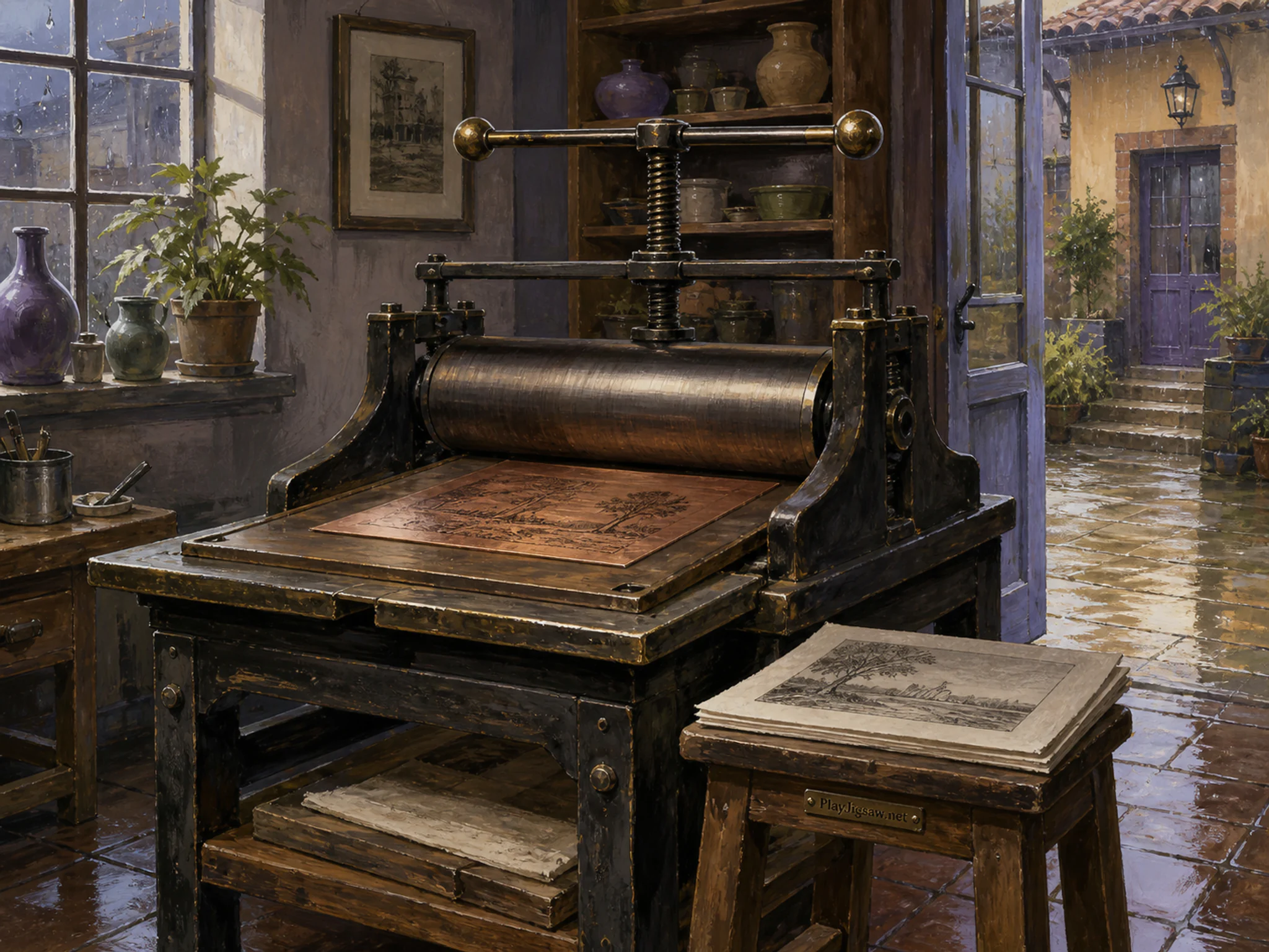 Copper Etching Press resting beneath heavy proofing roller in a warm ceramic workshop, with layered scenery and gentle rain with crisp reflections.