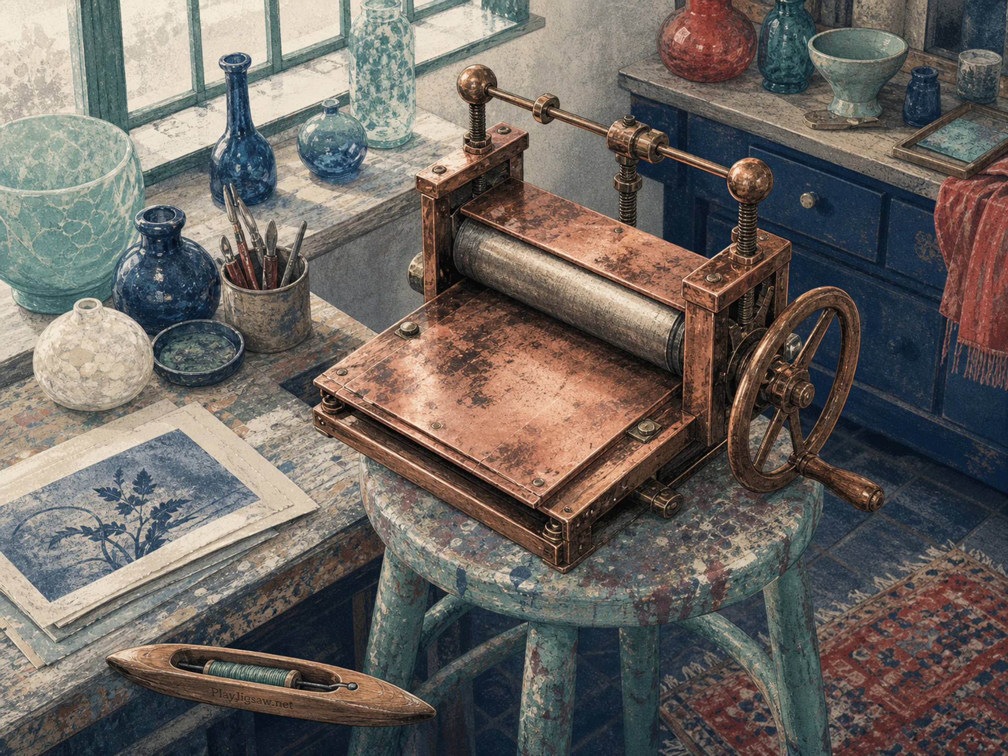 Copper Etching Press folded around paint-spattered stool in a jewel-toned glass workshop, with layered scenery and soft overcast afternoon.
