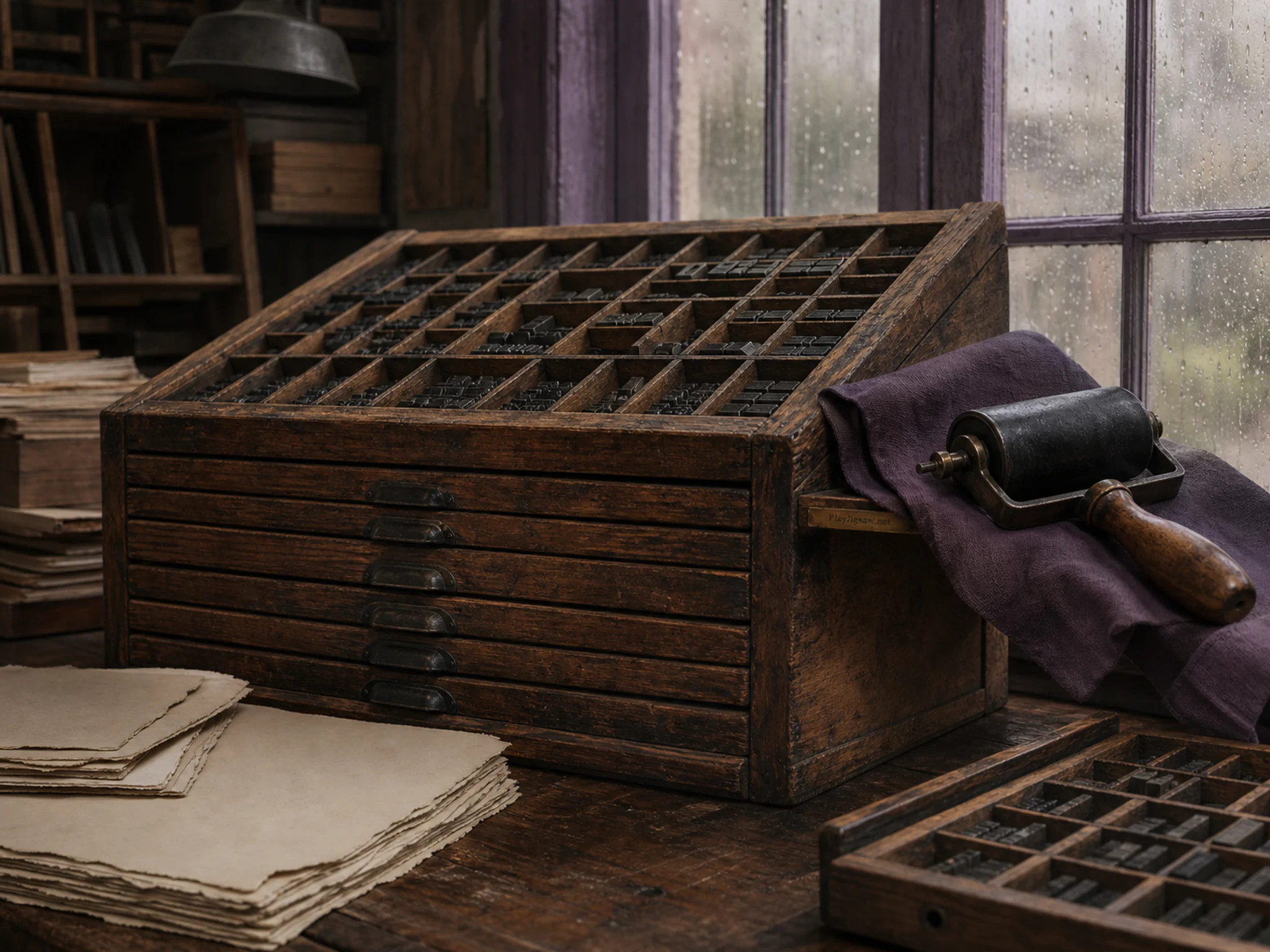 letterpress cabinet arranged naturally beside a hand ink roller in a small traditional print shop with a letterpress cabinet, with familiar objects and gentle rain with crisp.