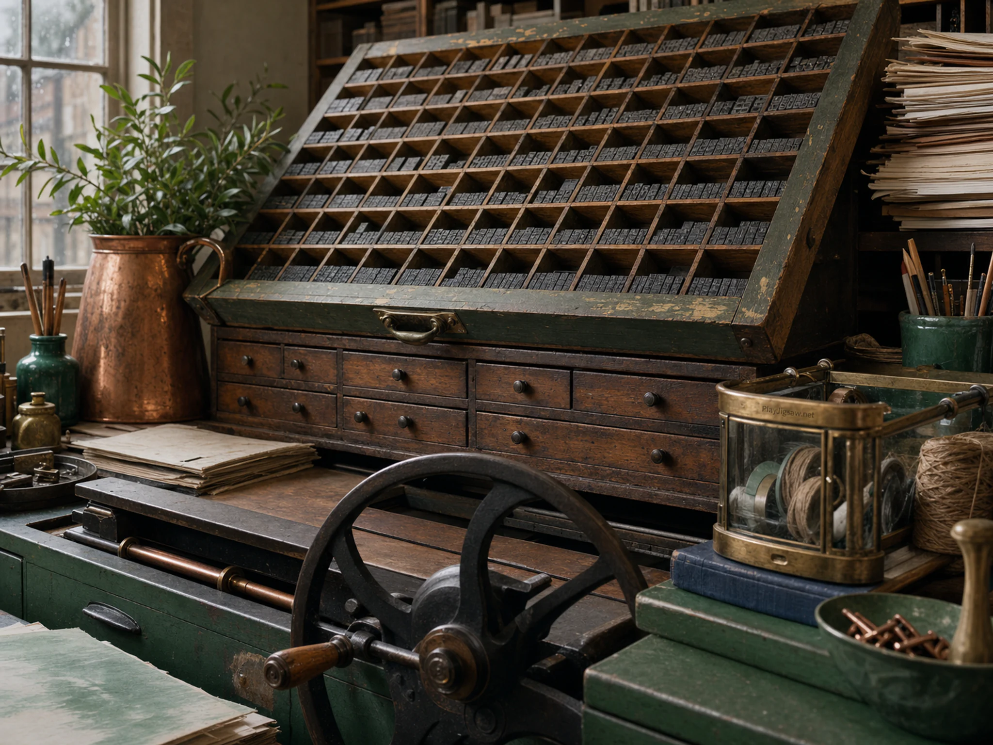 Letterpress Cabinet catching light above turning banding wheel in a quiet paper craft room, with layered scenery and soft overcast afternoon.