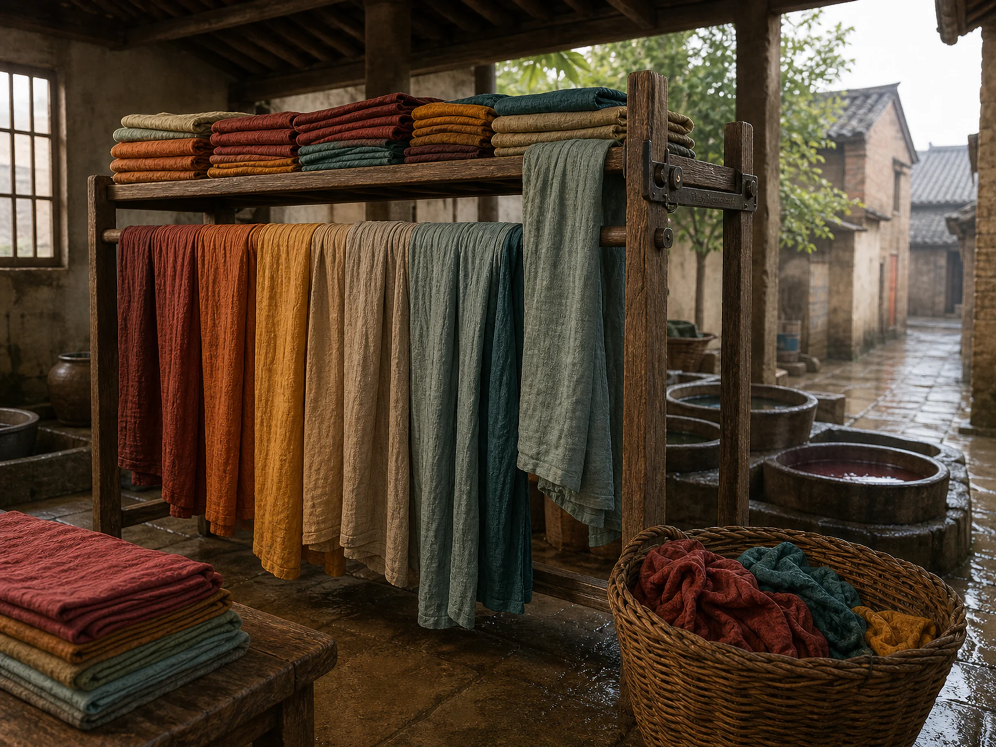 dyeing rack arranged naturally beside a wicker dye basket in a covered textile-dyeing yard with folded cloth and drying racks, with familiar objects and bright diffused window.