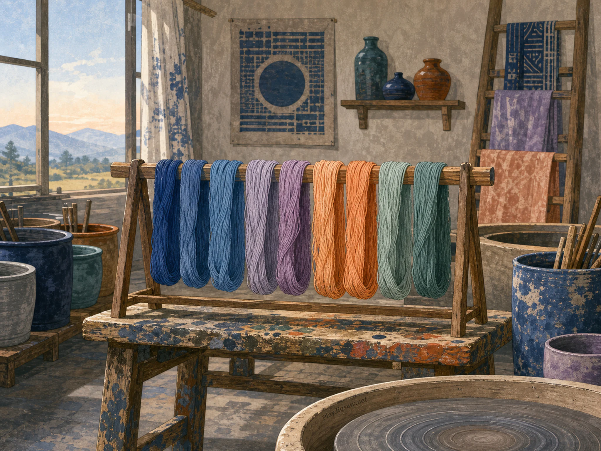 Dyeing Rack aligned across paint-spattered stool in a practical maker forge, with layered scenery and clear early morning light.