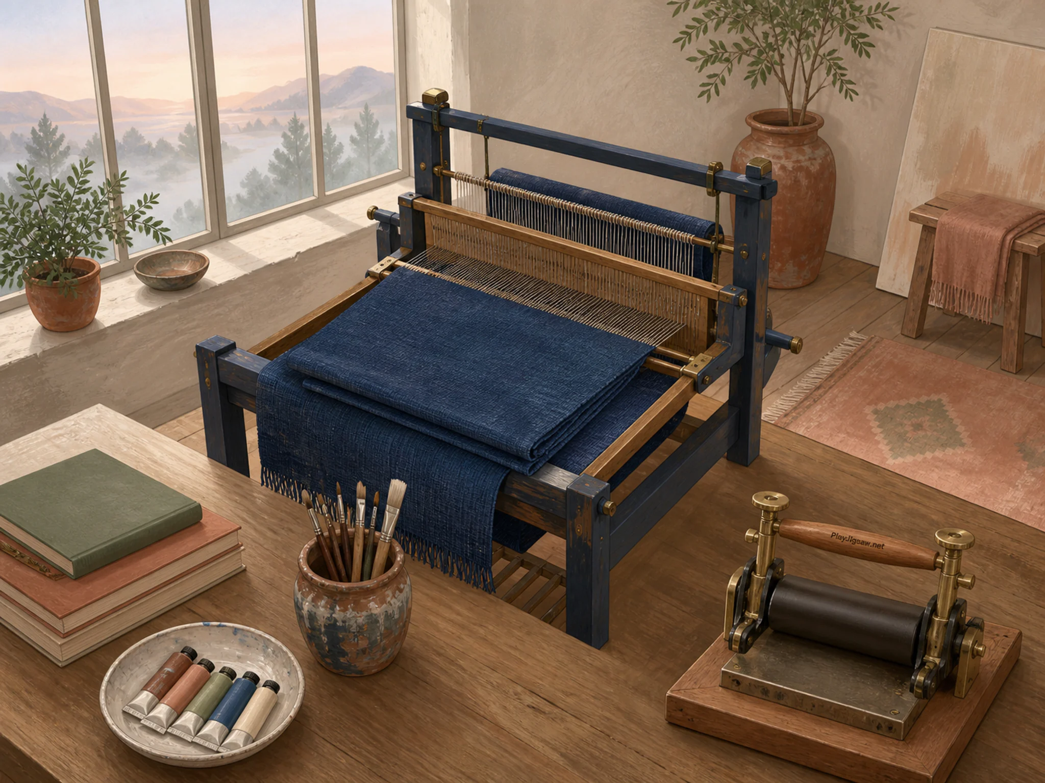 Indigo Loom folded around well-used brush cup in an airy artist loft, with layered scenery and calm misty dawn.