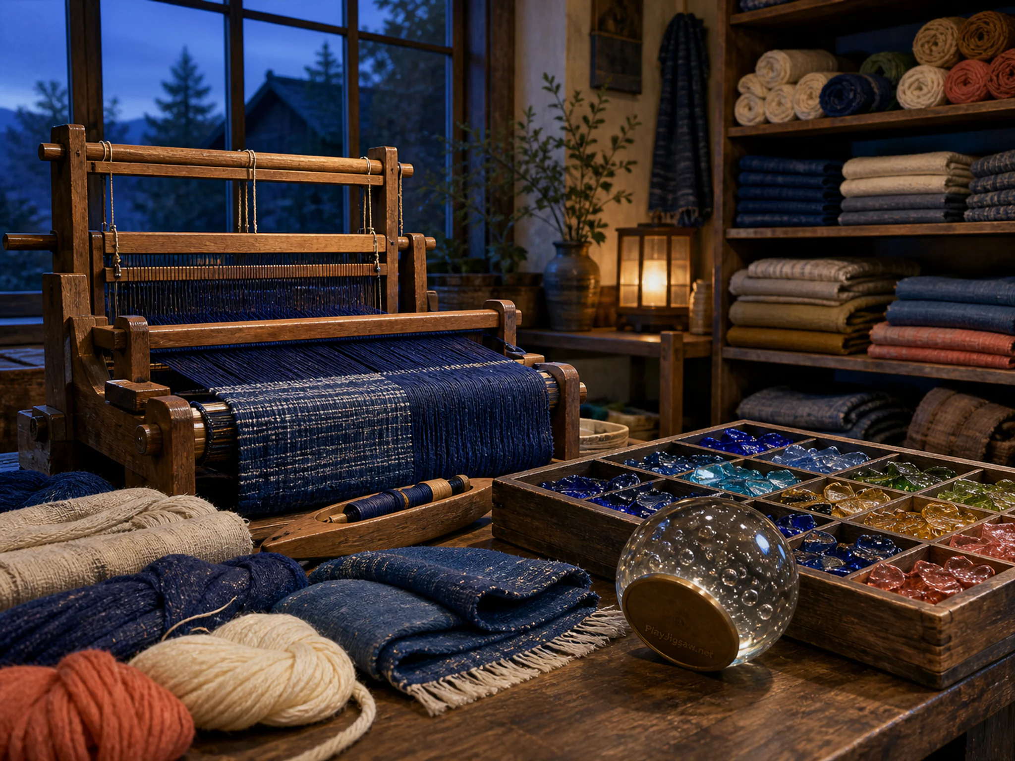Indigo Loom resting beneath sorted colored glass tray in a textile room with open shelving, with layered scenery and cool blue-hour light.