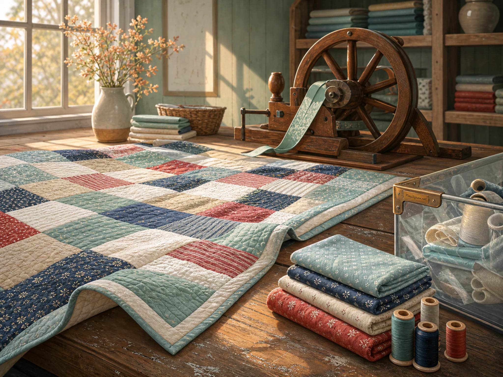 Patchwork Quilt being prepared near turning banding wheel in a north-lit studio table, with layered scenery and warm late-day sunlight.