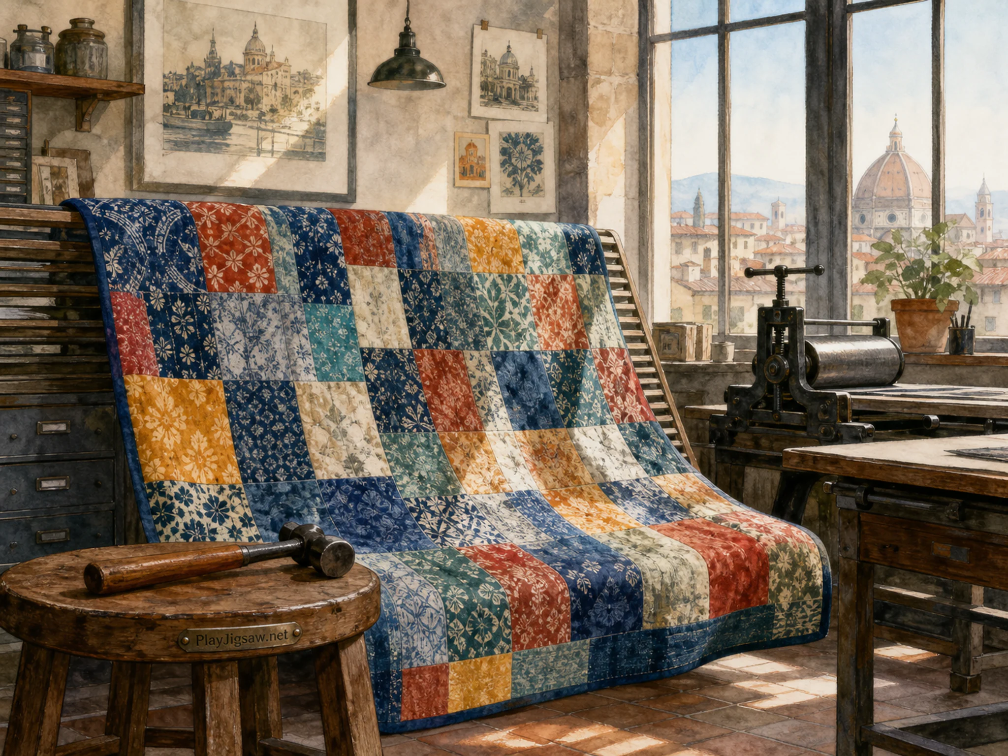 Patchwork Quilt cooling alongside small chasing hammer in a print studio beside tall windows, with layered scenery and clear early morning light.