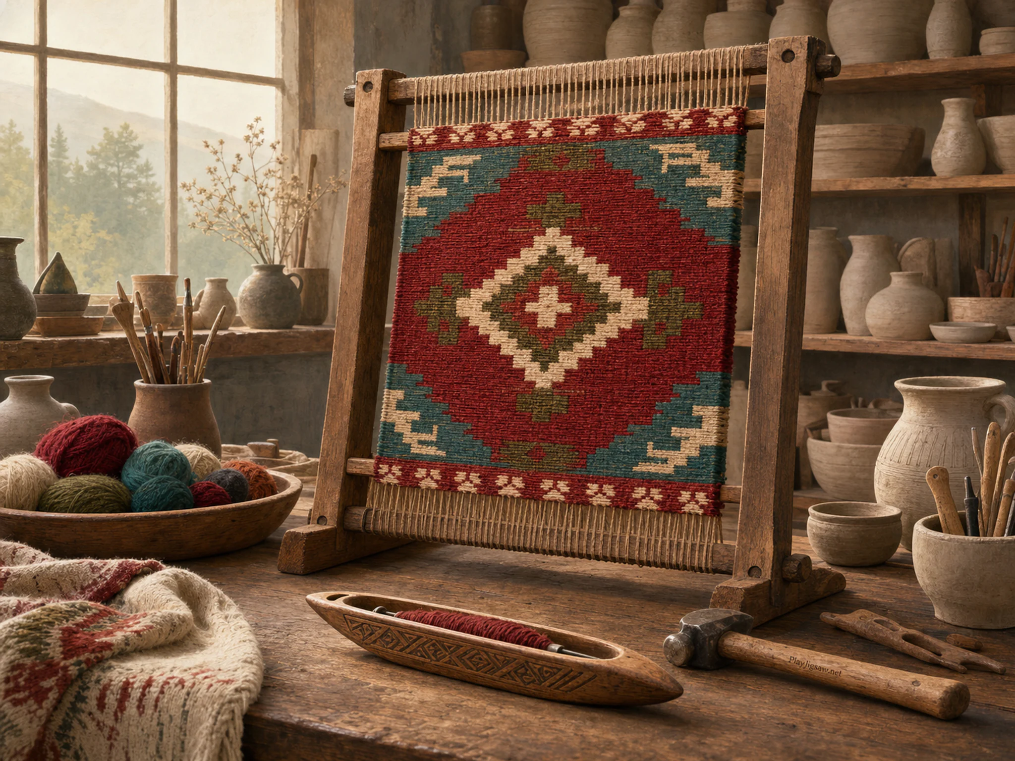 Tapestry Frame catching light above carved wooden shuttle in a warm ceramic workshop, with layered scenery and calm misty dawn.