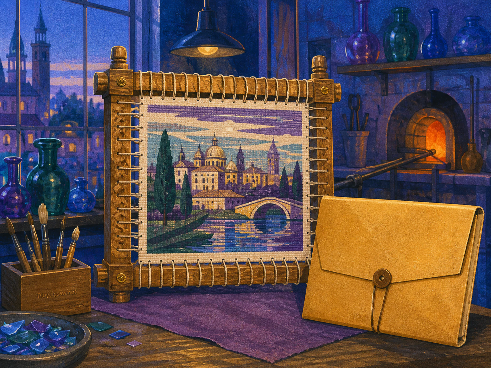 Tapestry Frame arranged beside bone paper folder in a jewel-toned glass workshop, with layered scenery and cool blue-hour light.