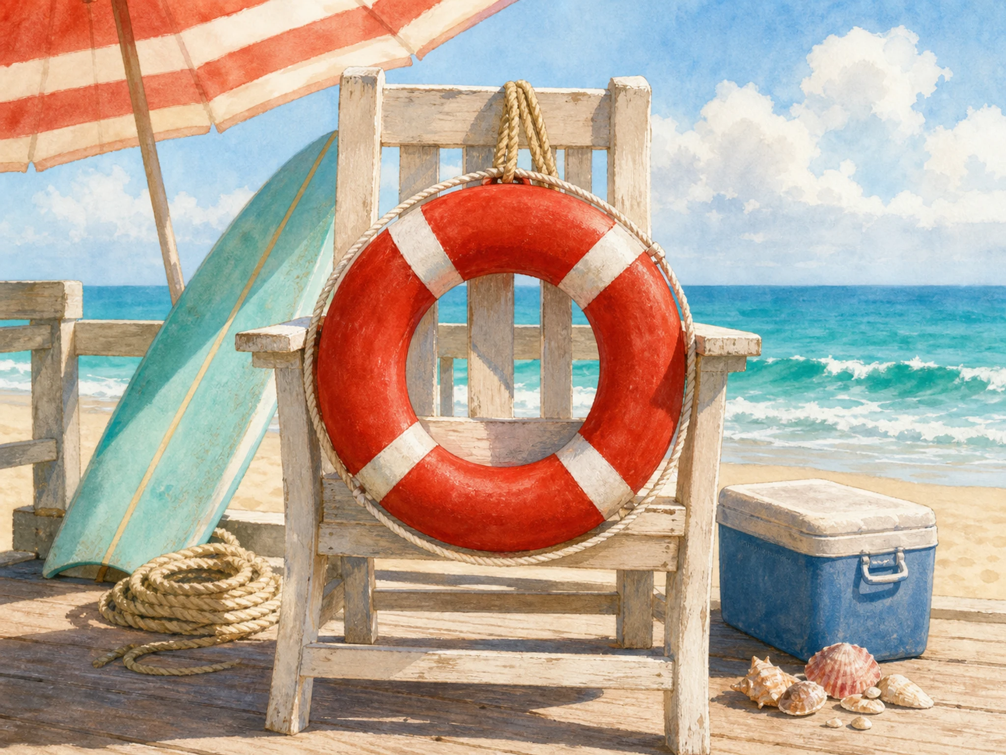 A beach lifeguard platform with a red and white rescue buoy on a pale wooden chair, turquoise surfboard, rope coil, umbrella shadow, small cooler, seashell cluster, wave line, and a tiny in-world cooler stamp