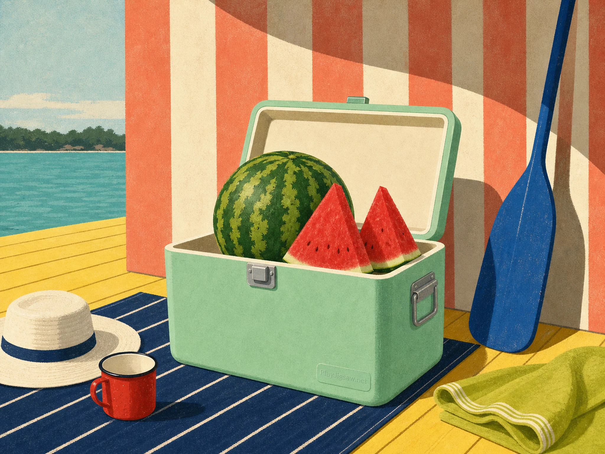 A mint cooler holding a watermelon and two slices in a coral-striped cabana with navy blanket, cobalt paddle, red cup, and subtle molded badge