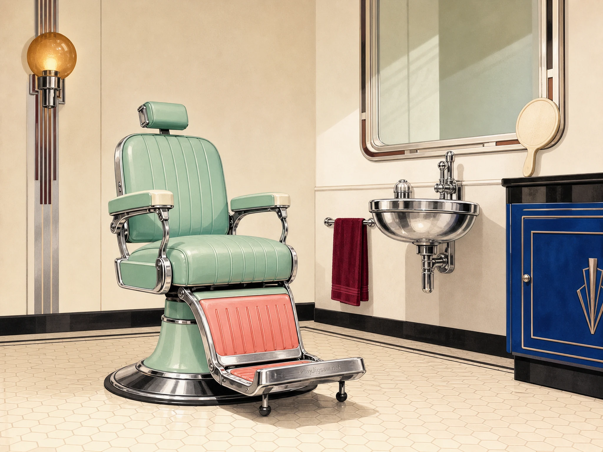 An empty Art Deco barber shop with a mint vintage chair, coral footrest, chrome basin, burgundy towel, cream hex floor, cobalt cabinet, amber lamp, ivory mirror, and a PlayJigsaw.net footrest engraving, rendered in pastel enamel screenprint gouache.
