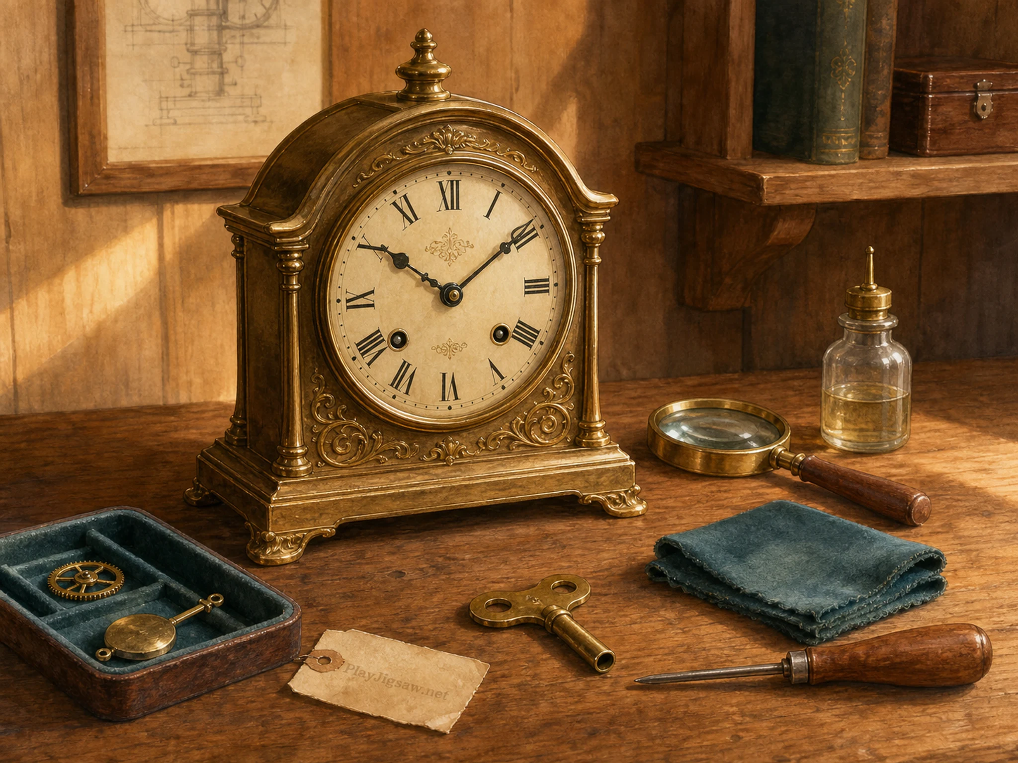 A clean clockmaker desk with a mantel clock, brass key, polishing cloth, tiny screwdriver, tea cup, simple notebook, and a subtle in-world maker mark