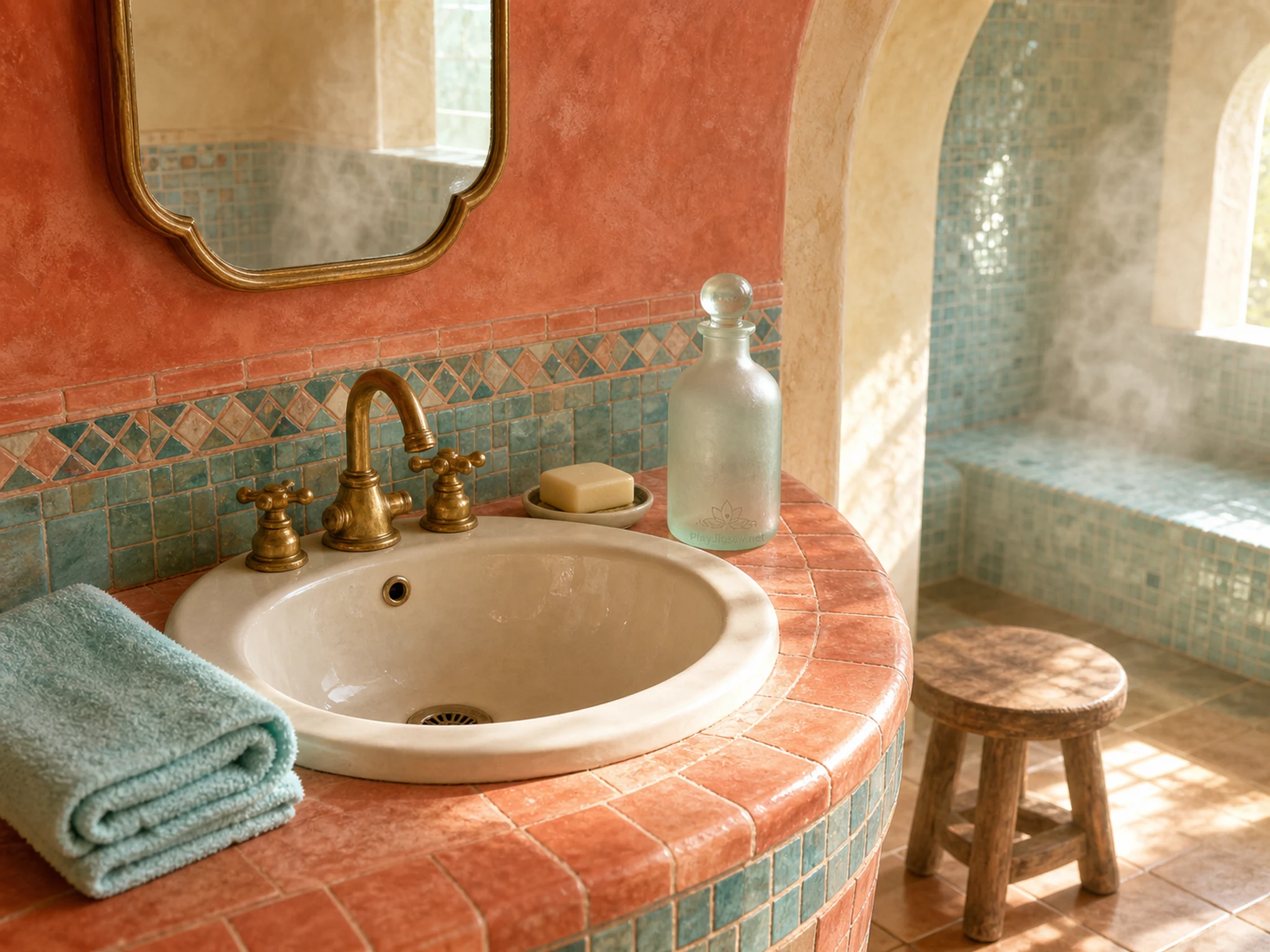 A quiet bathhouse corner with a seafoam ceramic basin, coral tile wall, folded towel, brass tap, wooden stool, soap dish, soft window steam, and a tiny etched in-world maker mark