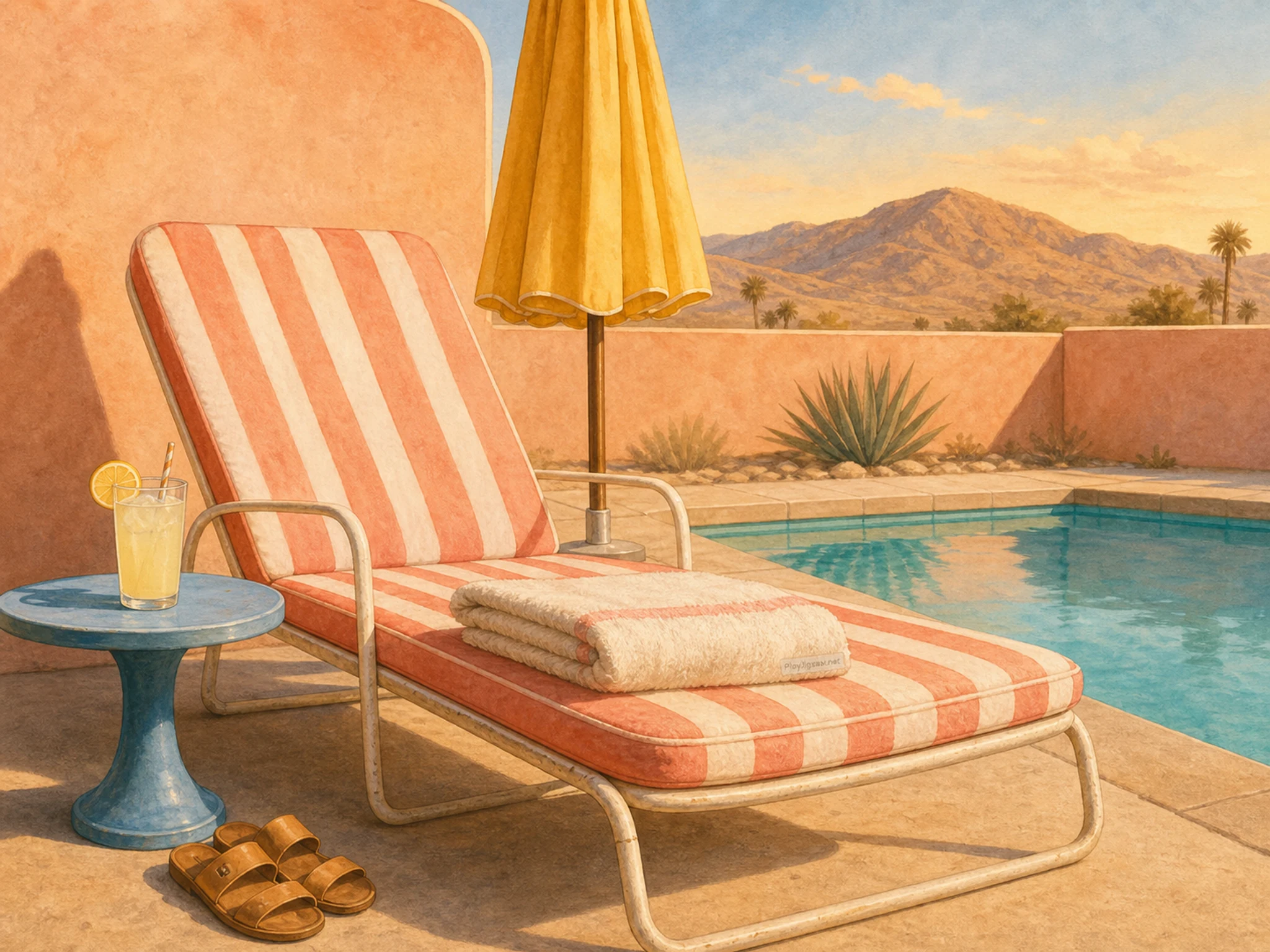 A quiet desert motel pool corner with a striped lounge chair, yellow umbrella, turquoise pool edge, lemon drink, sandals, folded towel, low desert wall, and a tiny stitched in-world maker tag