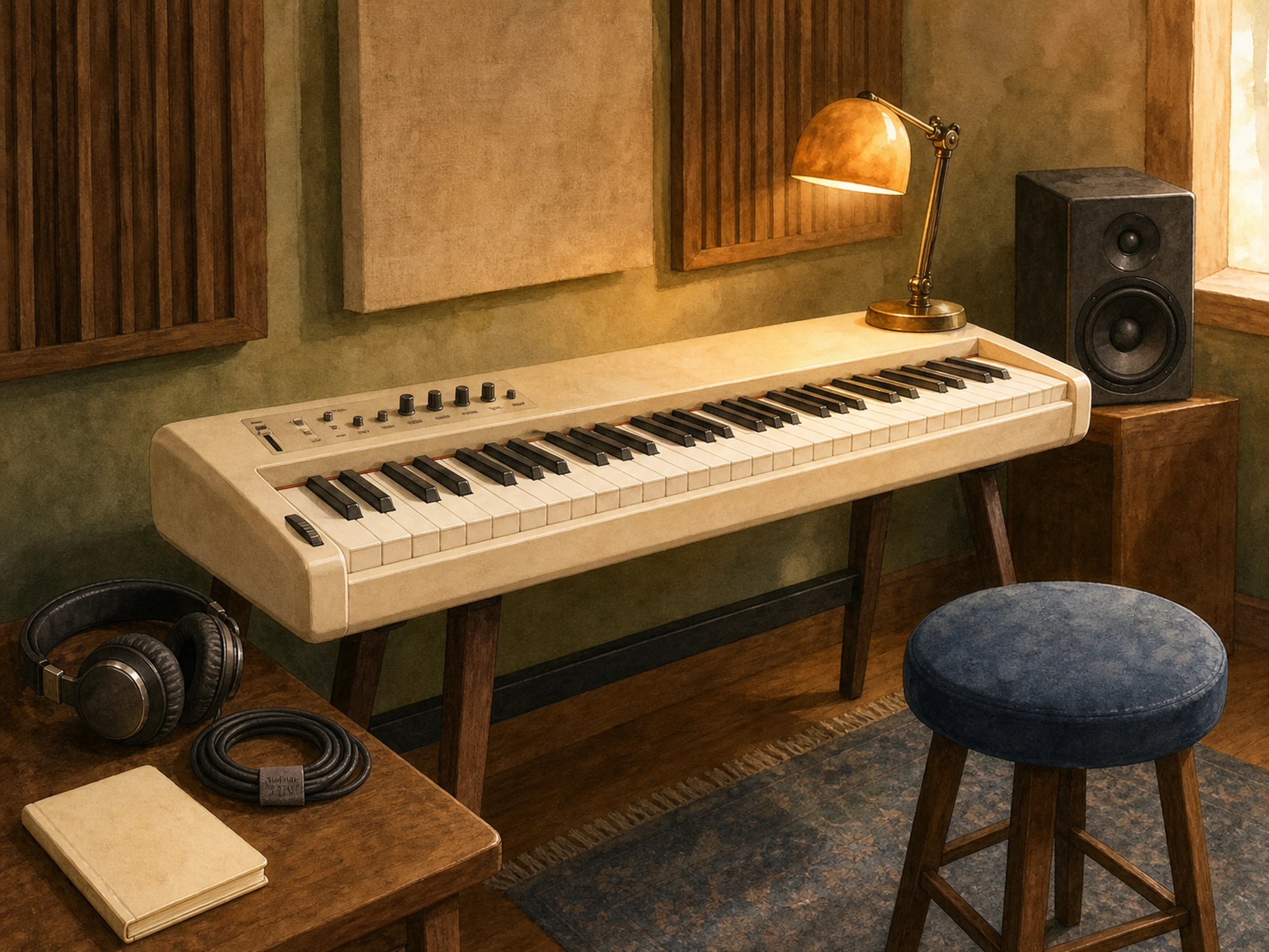 A cozy home music studio with a compact keyboard, headphones, small speaker, brass desk lamp, red cable, blank notebook, simple plant pot, and a tiny in-world cloth tag