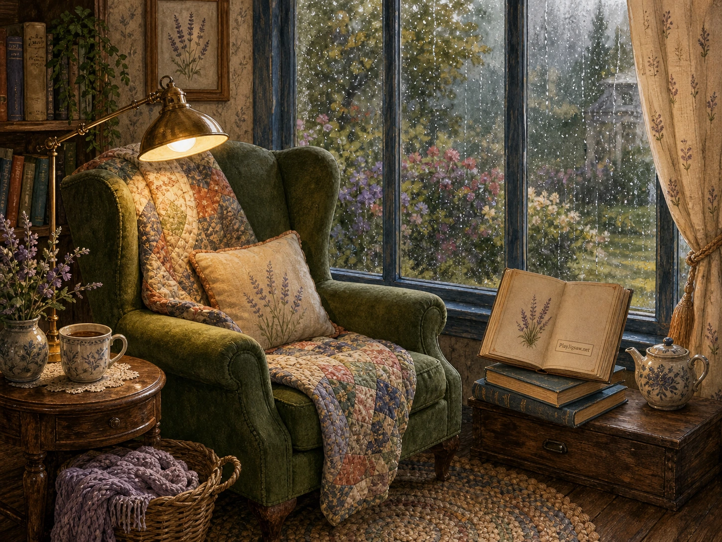 A cozy reading nook beside a rain-speckled window with a deep armchair, illustrated books, ceramic tea cup, patterned quilt, brass reading lamp, woven rug, wooden side table, garden view, and a subtle maker mark bookplate
