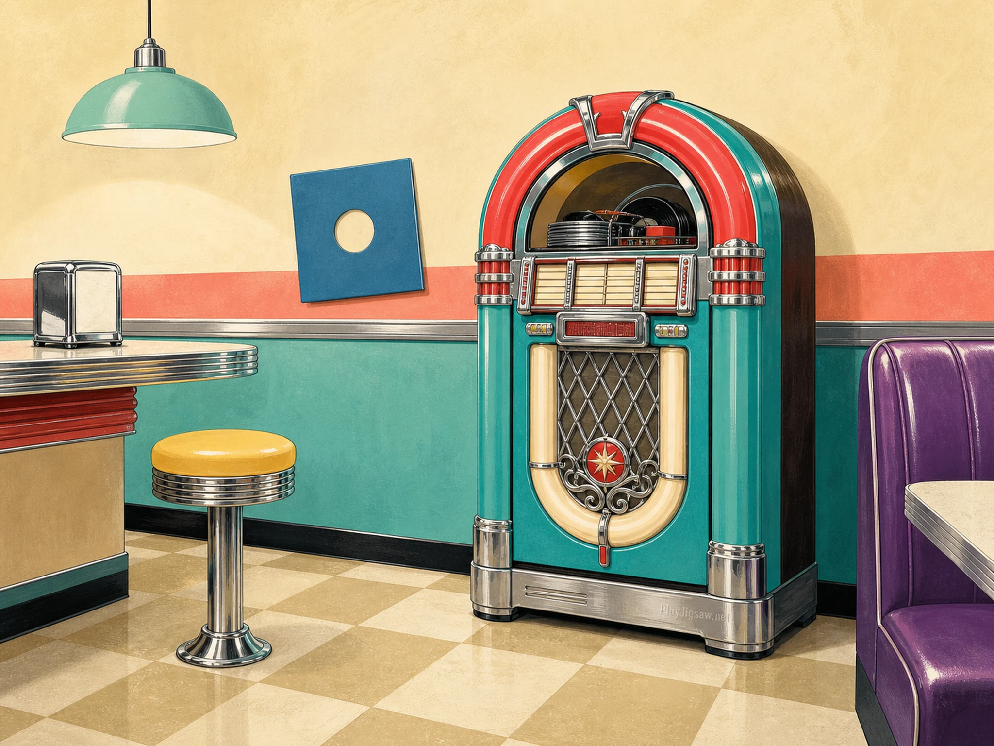 An empty 1950s diner corner with a turquoise-and-red jukebox, lemon stool, checker floor, violet booth, chrome napkin holder, mint lamp, coral stripe, blue record sleeve, and a PlayJigsaw.net base engraving, rendered in mid-century risograph gouache.