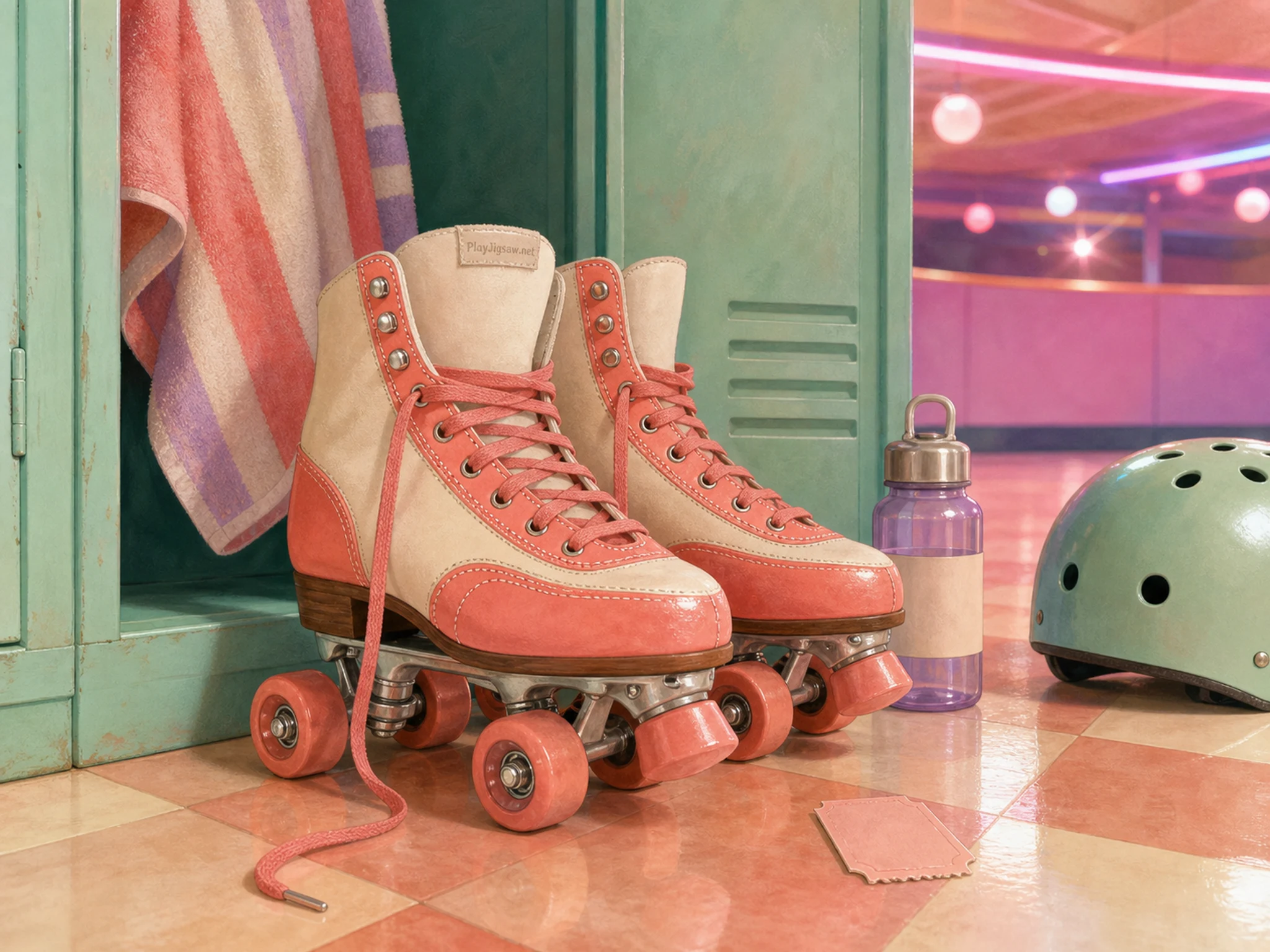 A retro rink locker scene with coral roller skates, mint locker, striped towel, water bottle, helmet, ticket stub, floor stripe, and a tiny stitched in-world maker tag