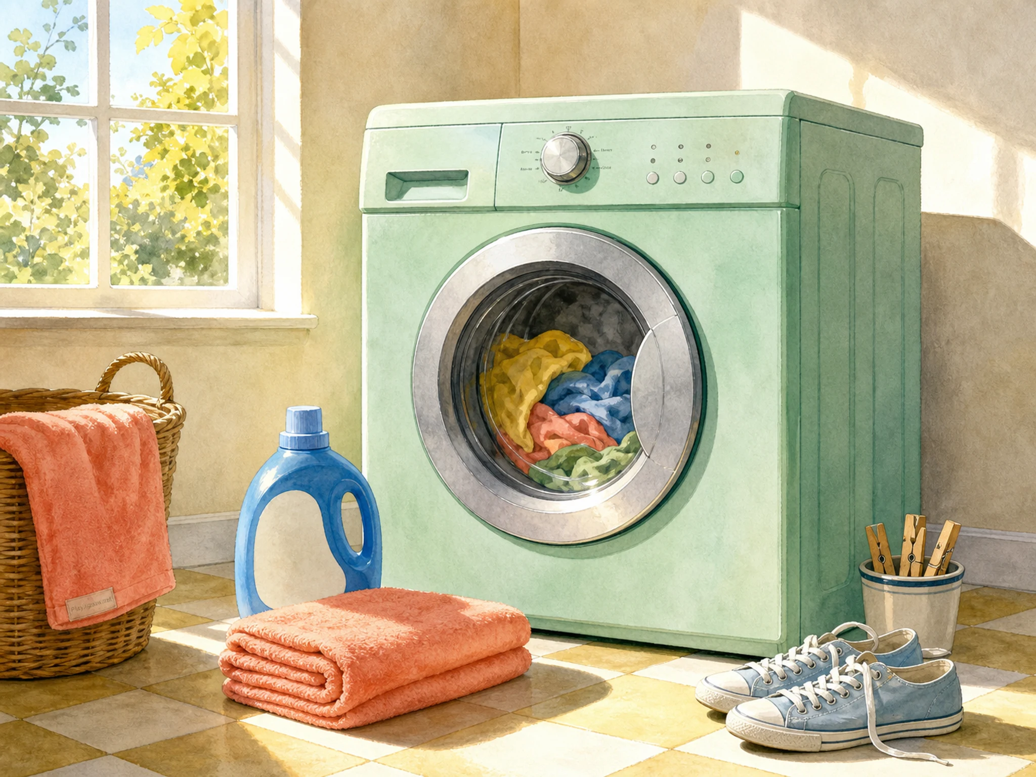 A sunlit laundromat corner with a mint washing machine, wicker basket, coral towel, detergent bottle, clothespins, shoes, folded sheet, and a tiny in-world laundry tag