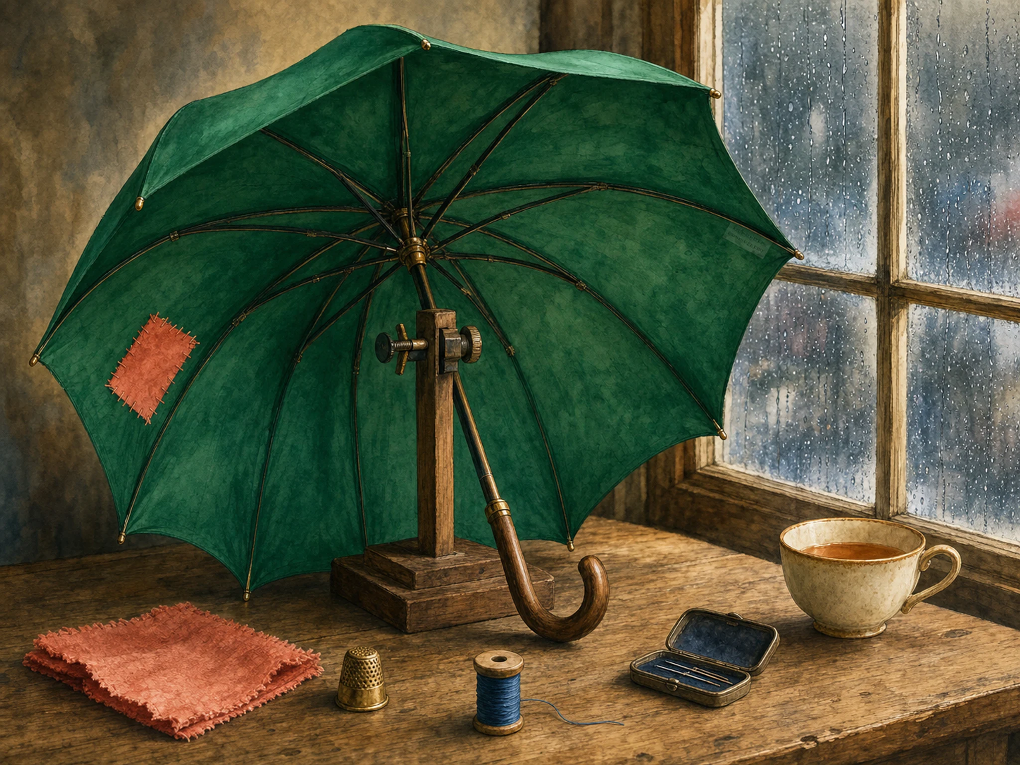 An umbrella repair workshop with an open emerald umbrella on a wooden repair stand, coral patch cloth, brass thimble, blue thread spool, needle case, rain-streaked window, tea cup, and a tiny in-world fabric tag