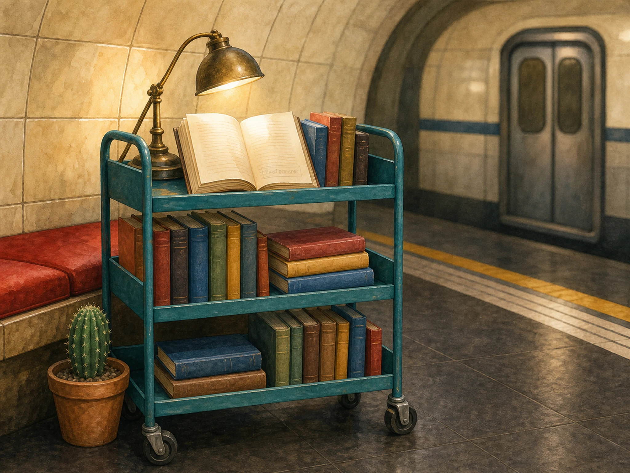 An underground transit platform library nook with a teal rolling cart, cream tile wall, brass reading lamp, red bench cushion, cactus, striped floor line, subway door shape, and a tiny in-world bookplate