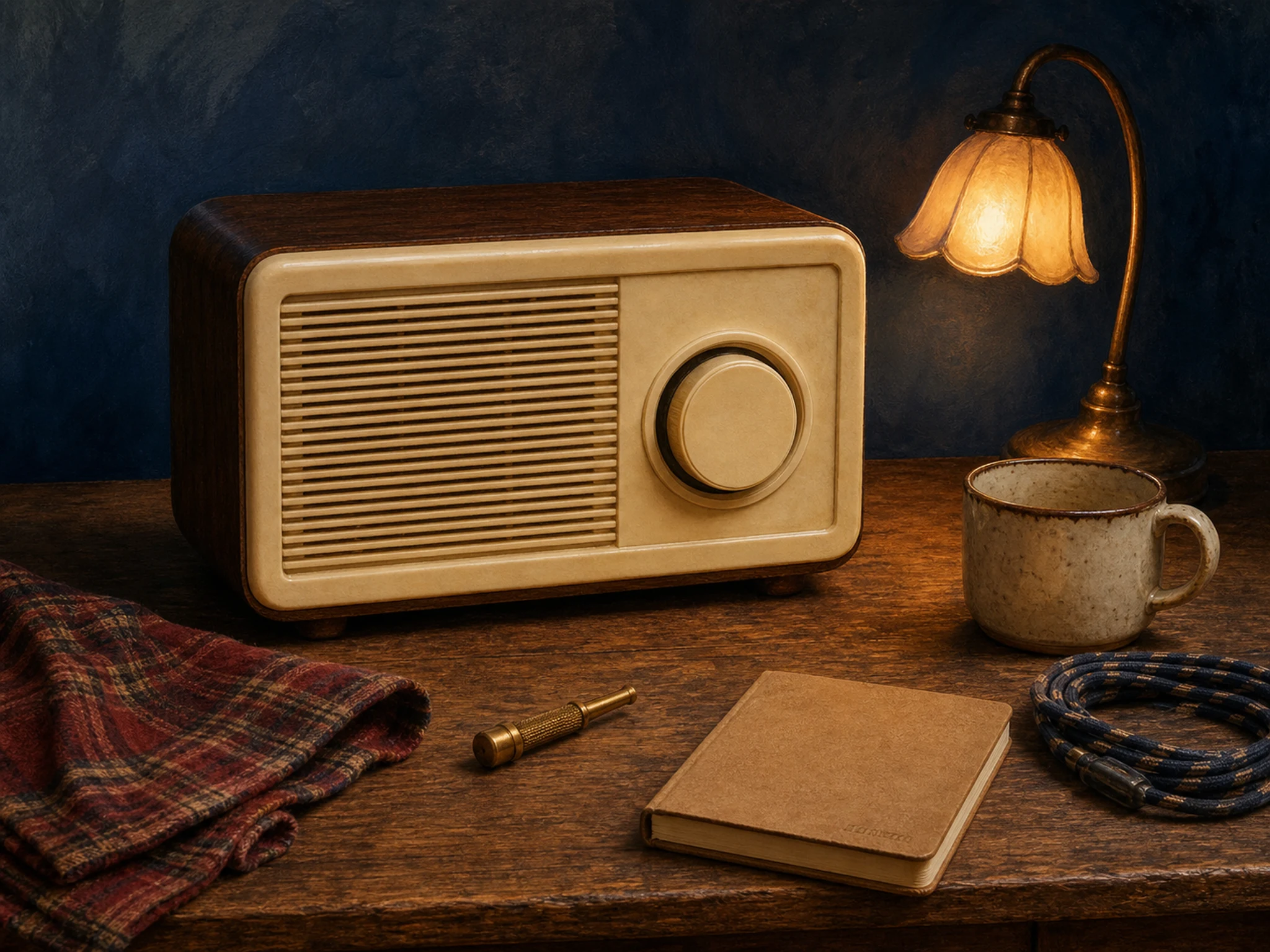 A cozy evening desk with a cream-and-walnut vintage radio, ceramic mug, folded plaid cloth, brass knob tool, blank notebook, coiled cable, warm lamp, and a tiny faded in-world maker mark on the notebook cover
