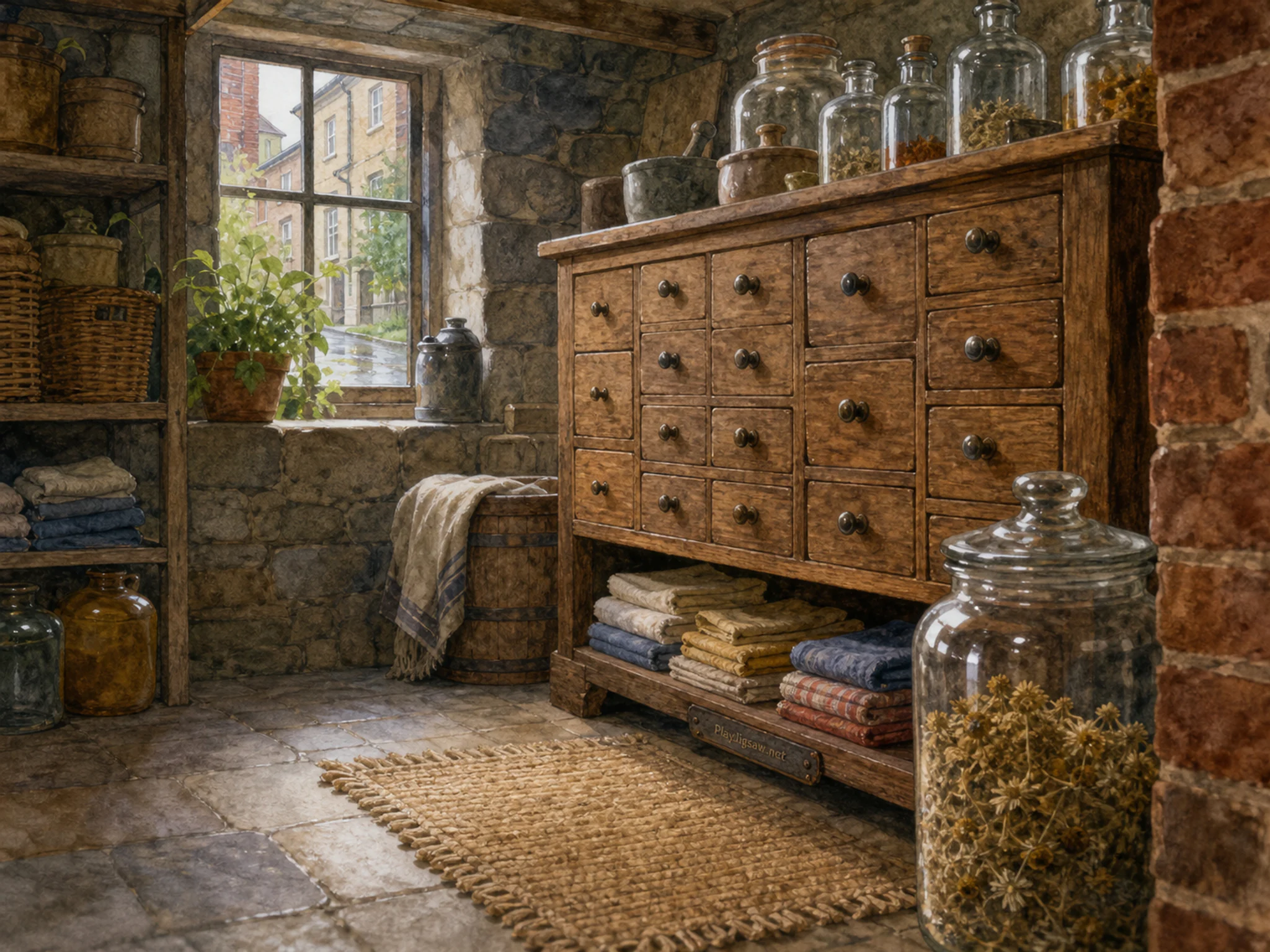 apothecary basement resting naturally beside a glass storage jar without labels in a townhouse pantry cellar with jars and folded towels, with familiar objects and sun after a.
