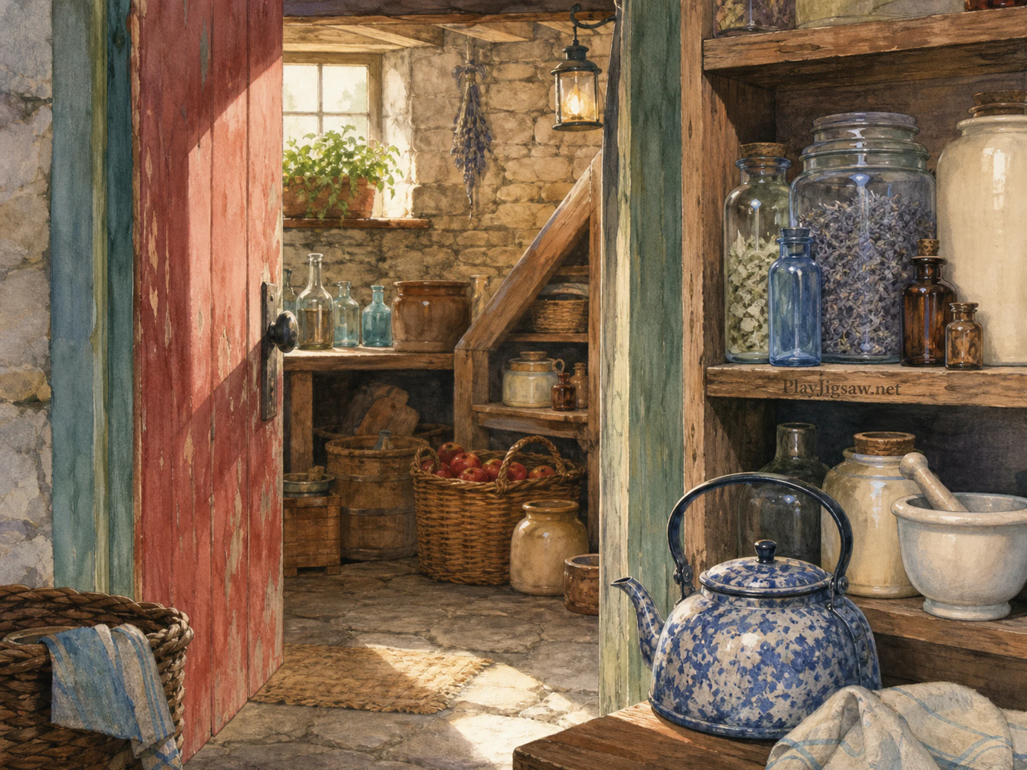 apothecary basement resting naturally beside an enamel kettle in a familiar farmhouse pantry cellar beneath the kitchen, with familiar objects and warm late-day sunlight.