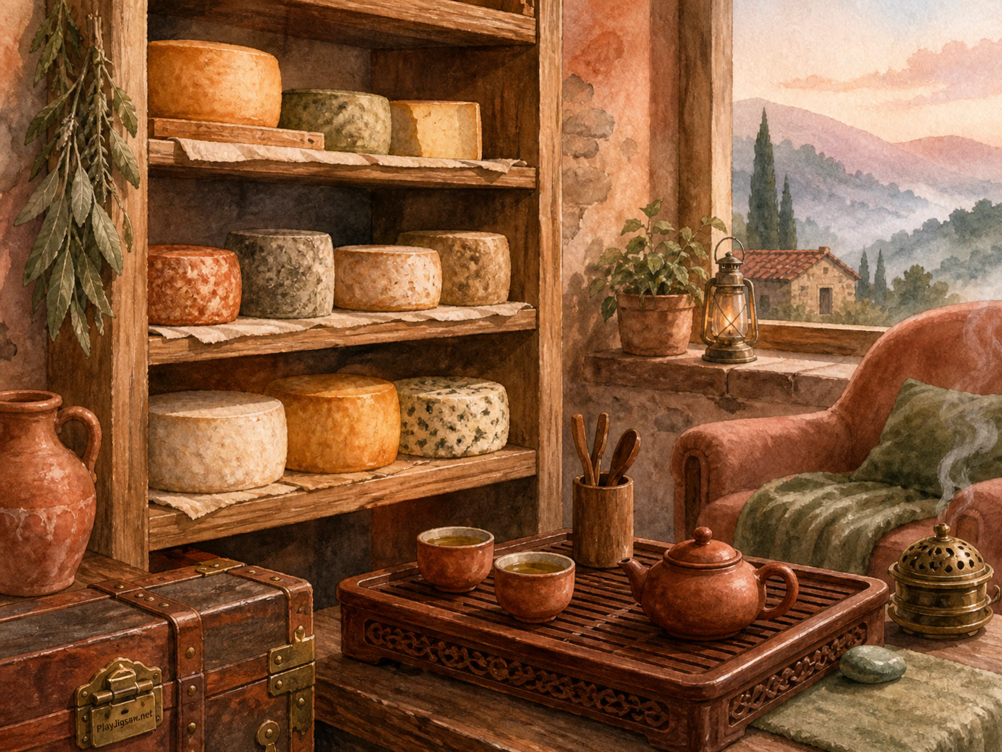 Cheese Cellar Shelf drying beside engraved tea tray in a calm listening corner, with layered scenery and calm misty dawn.