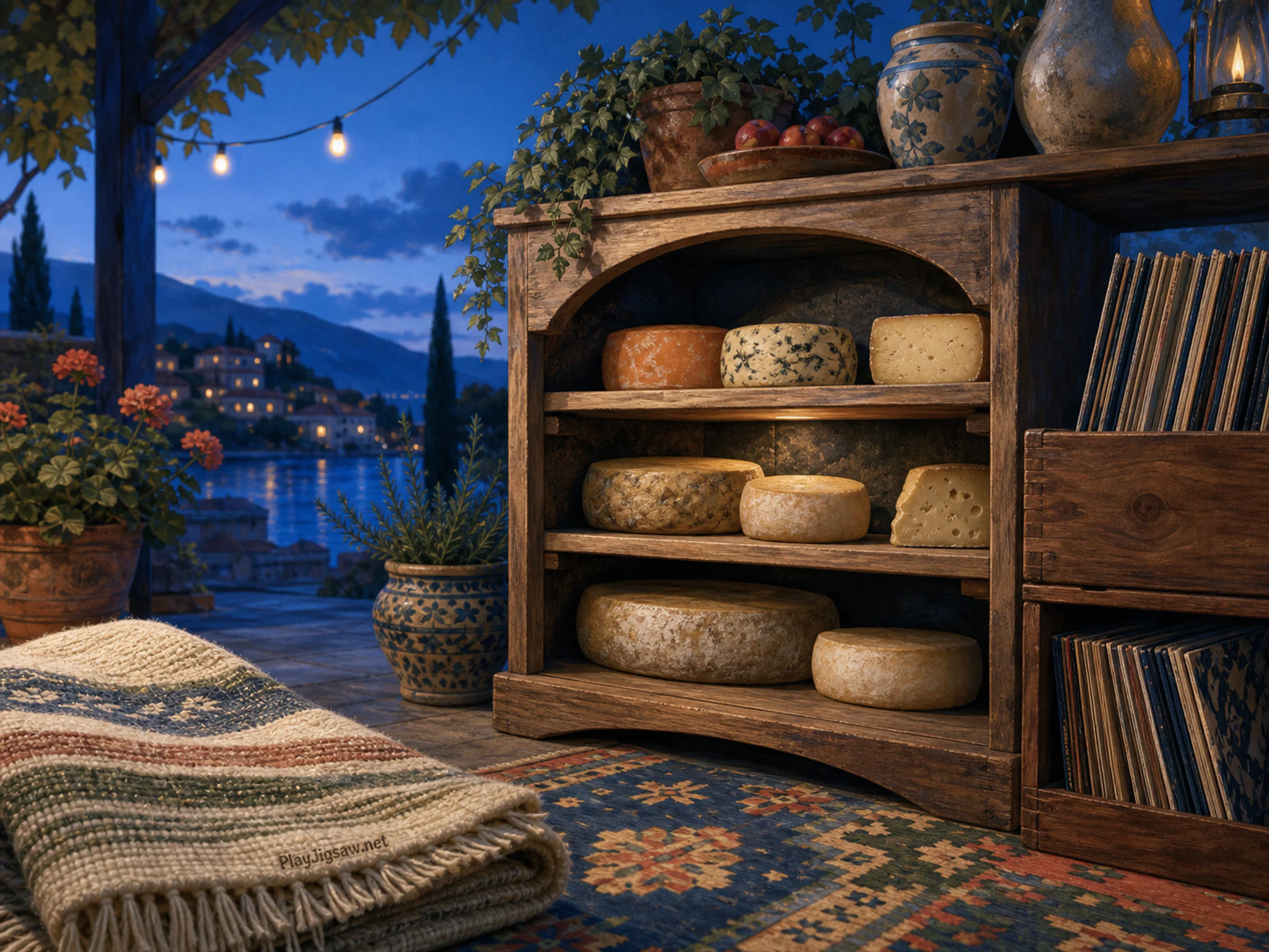 Cheese Cellar Shelf nestled beside walnut record crate in a sheltered outdoor veranda, with layered scenery and cool blue-hour light.