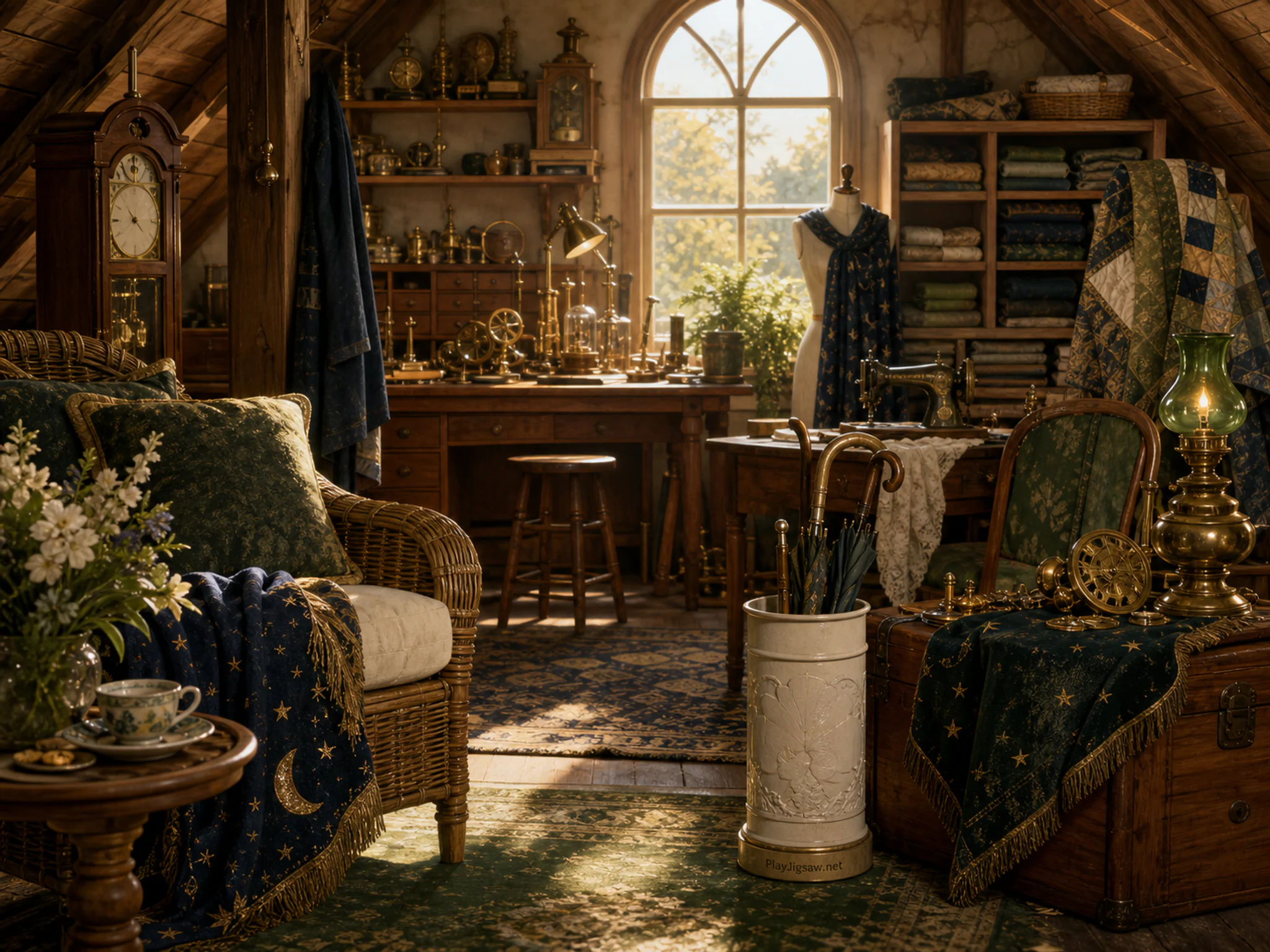 Clockmaker Attic set for morning near woven porch cushion in a fabric-filled sewing room, with layered scenery and warm late-day sunlight.