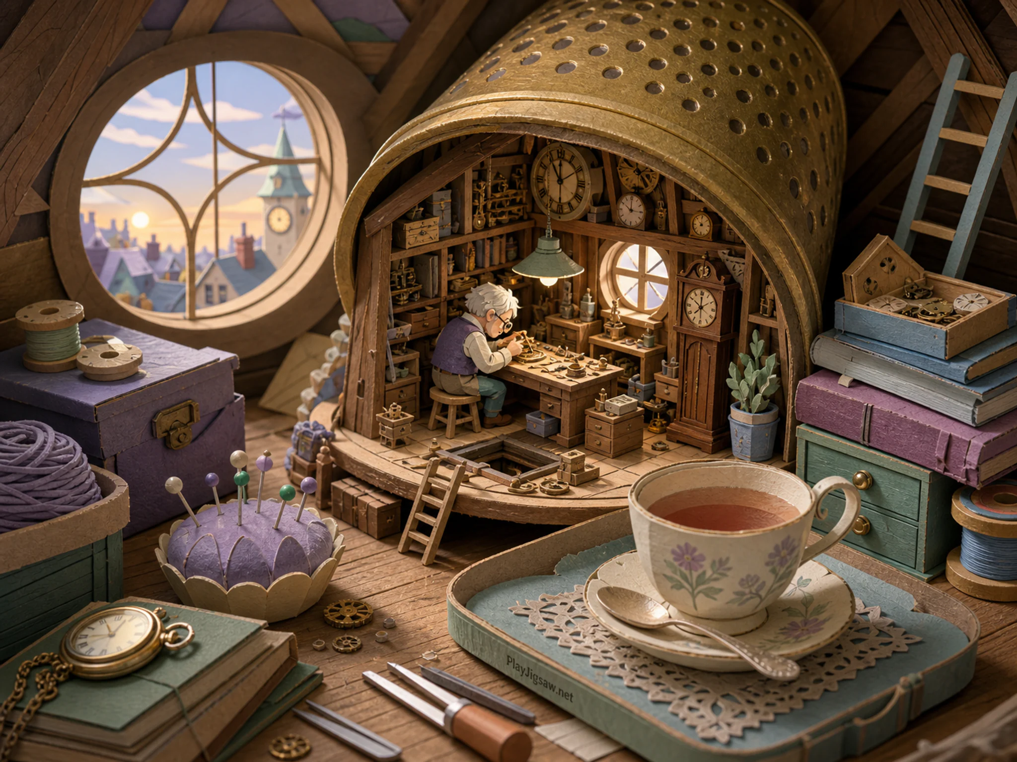 Clockmaker Attic stored beneath brass thimble tin in a timbered attic workspace, with layered scenery and clear early morning light.
