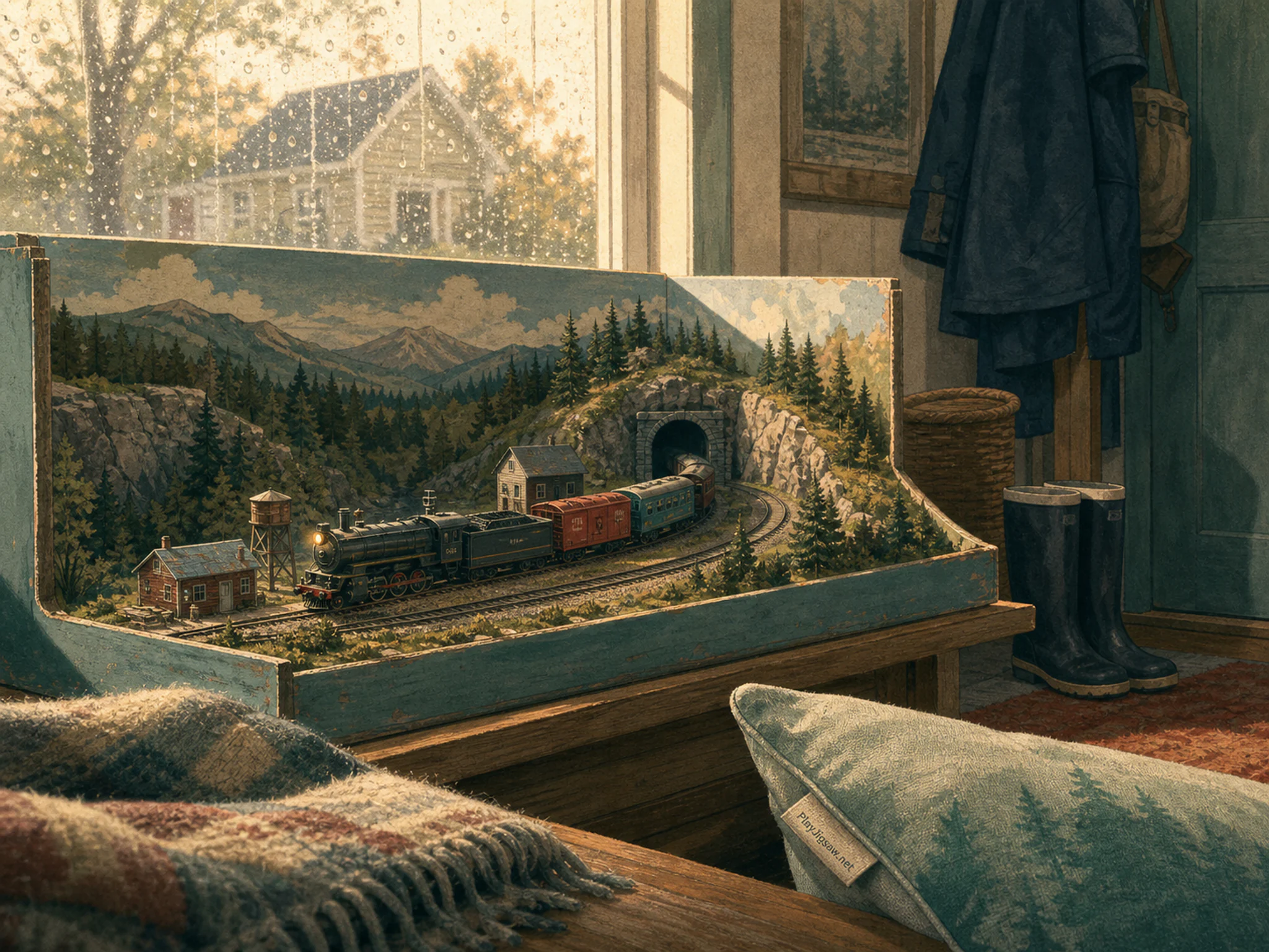 Model Train Loft warming near folded wool blanket in a rain-speckled entry room, with layered scenery and warm late-day sunlight.