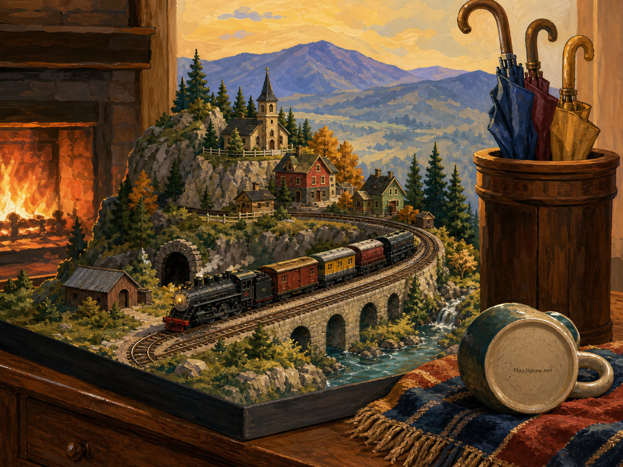 Model Train Loft playing softly near wooden umbrella stand in a firelit evening corner, with layered scenery and clear early morning light.