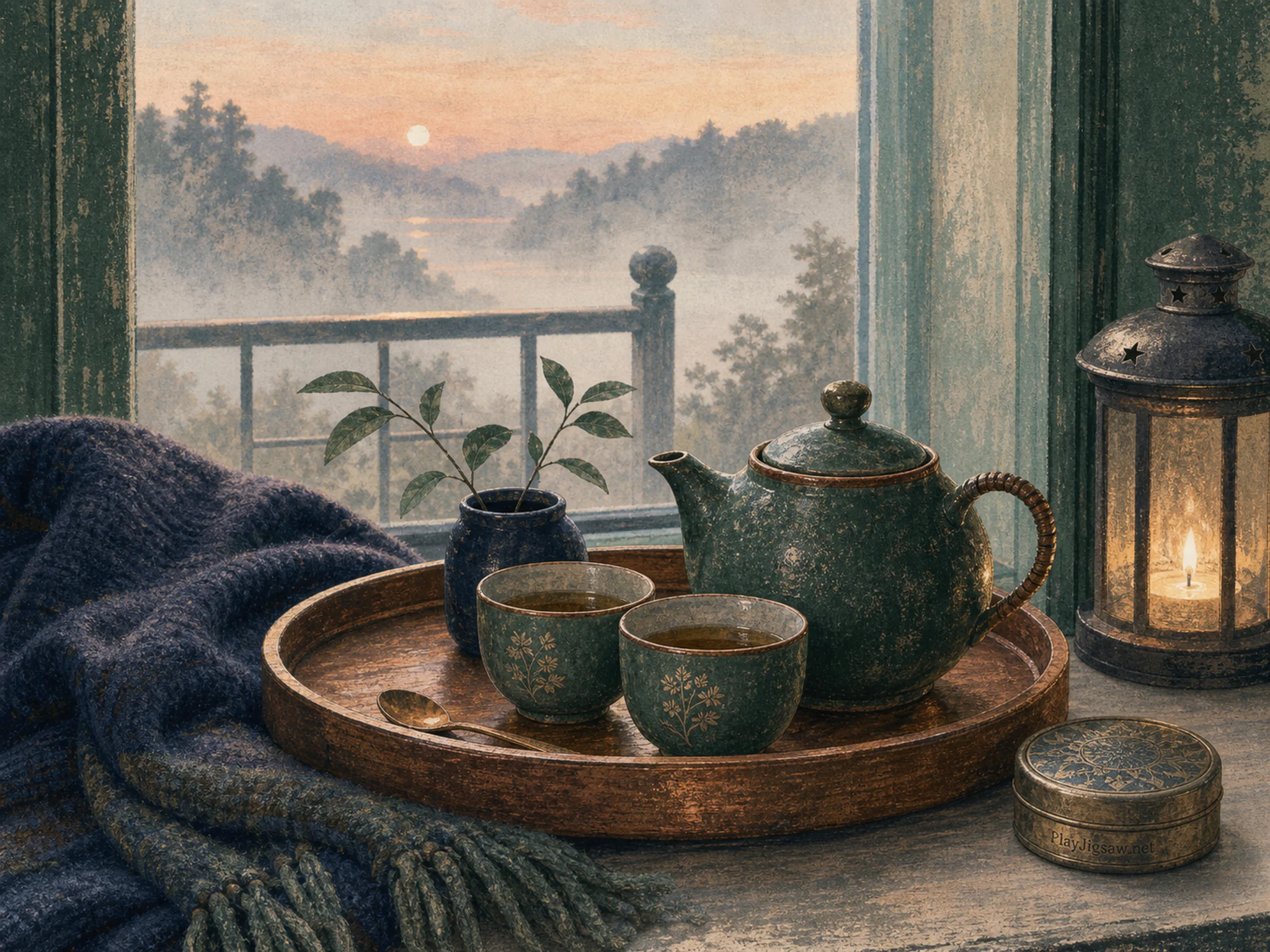 Balcony Tea Tray playing softly near folded wool blanket in a softly lit window alcove, with layered scenery and calm misty dawn.