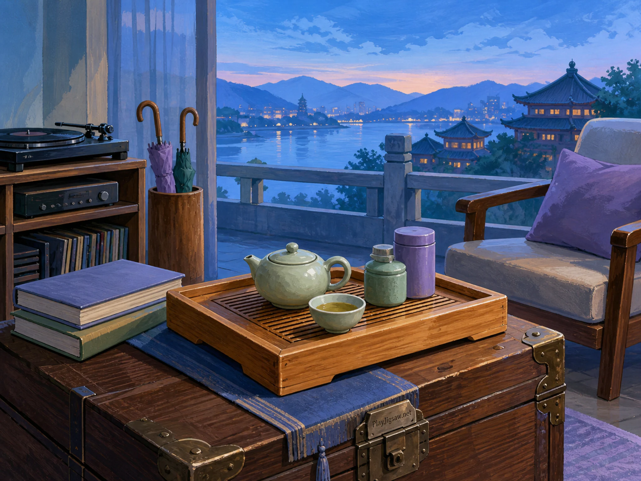 Balcony Tea Tray warming near wooden umbrella stand in a calm listening corner, with layered scenery and cool blue-hour light.