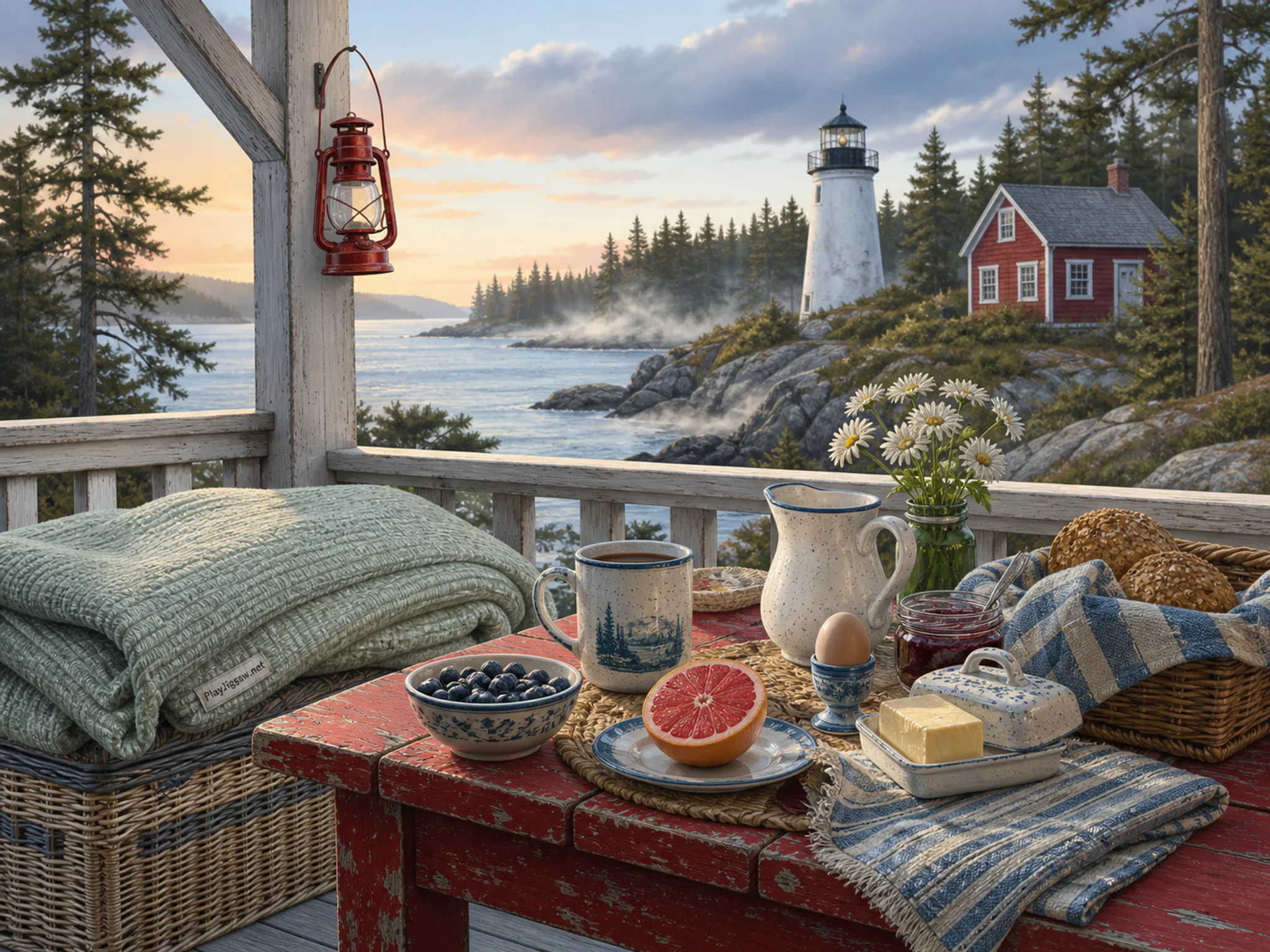 Cabin Breakfast Table stored beneath woven porch cushion in a sheltered outdoor veranda, with layered scenery and calm misty dawn.