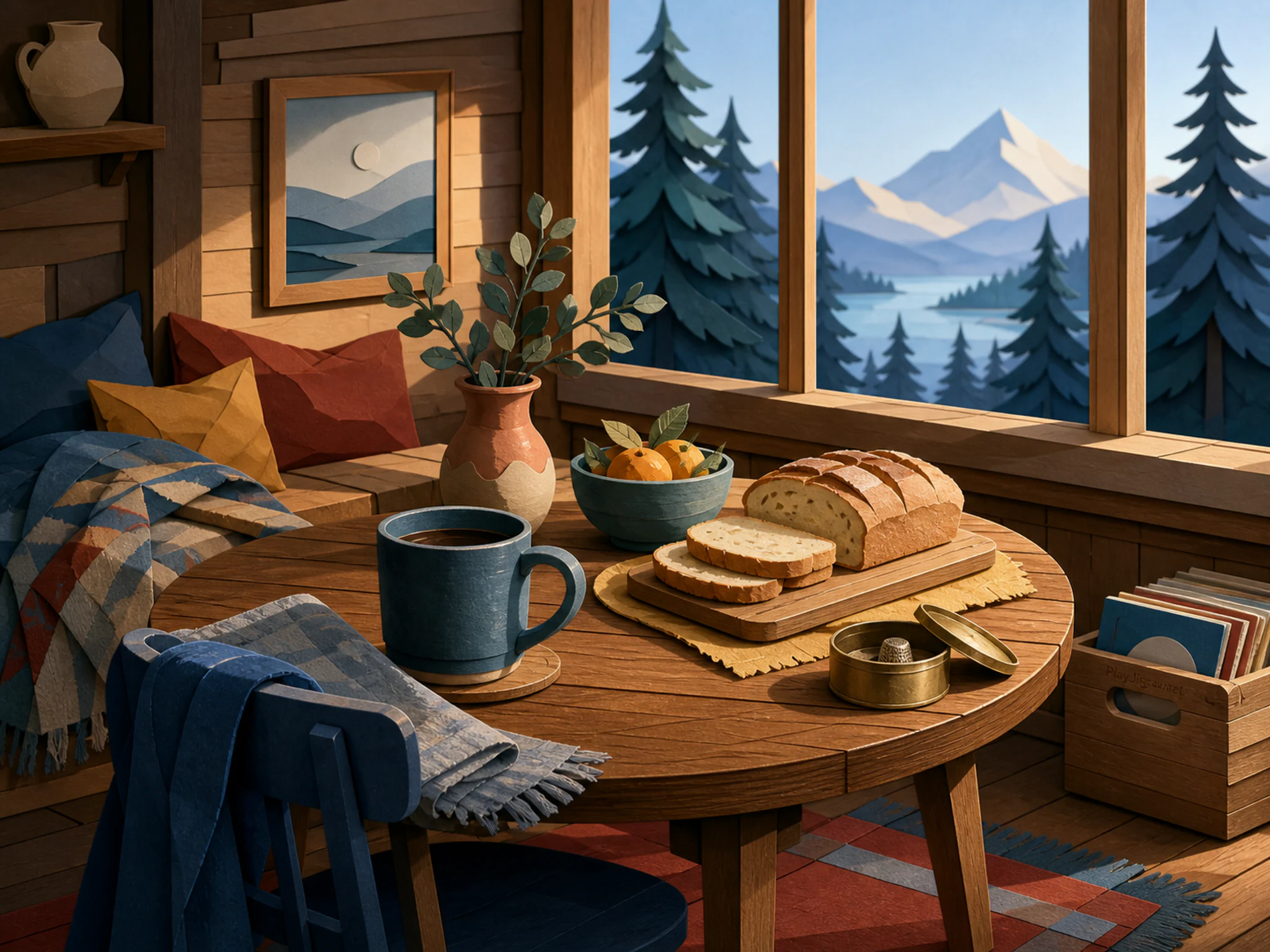 Cabin Breakfast Table set for morning near brass thimble tin in a bright morning breakfast corner, with layered scenery and cool blue-hour light.