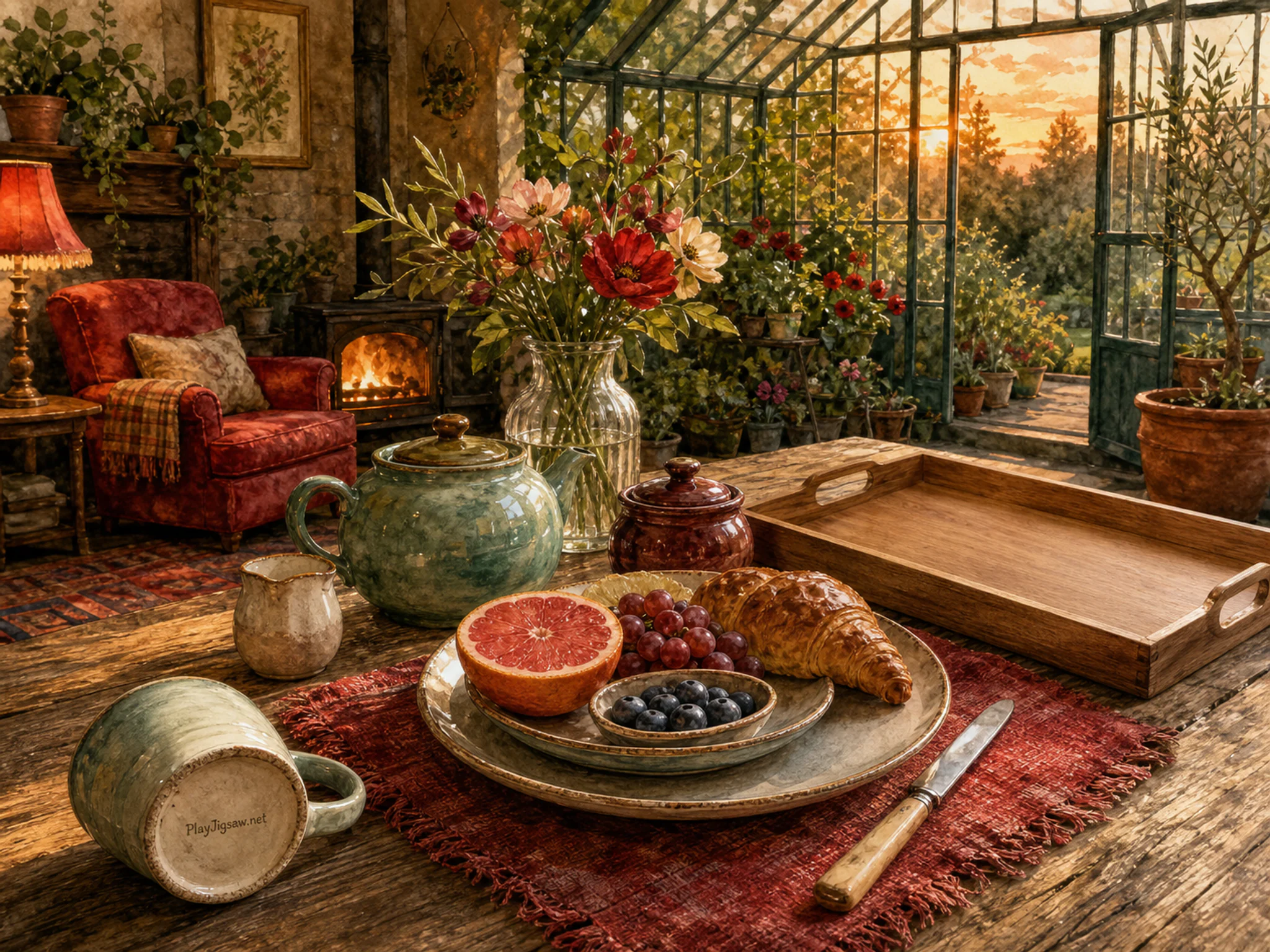 Greenhouse Breakfast nestled beside engraved tea tray in a firelit evening corner, with layered scenery and warm late-day sunlight.