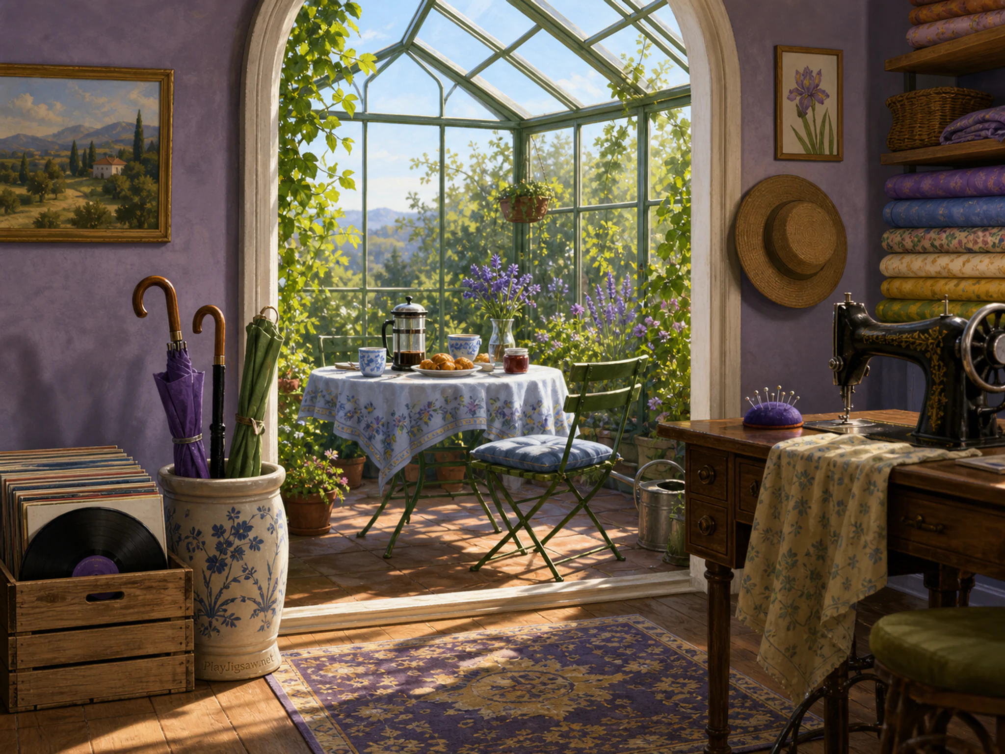 Greenhouse Breakfast drying beside walnut record crate in a fabric-filled sewing room, with layered scenery and clear early morning light.