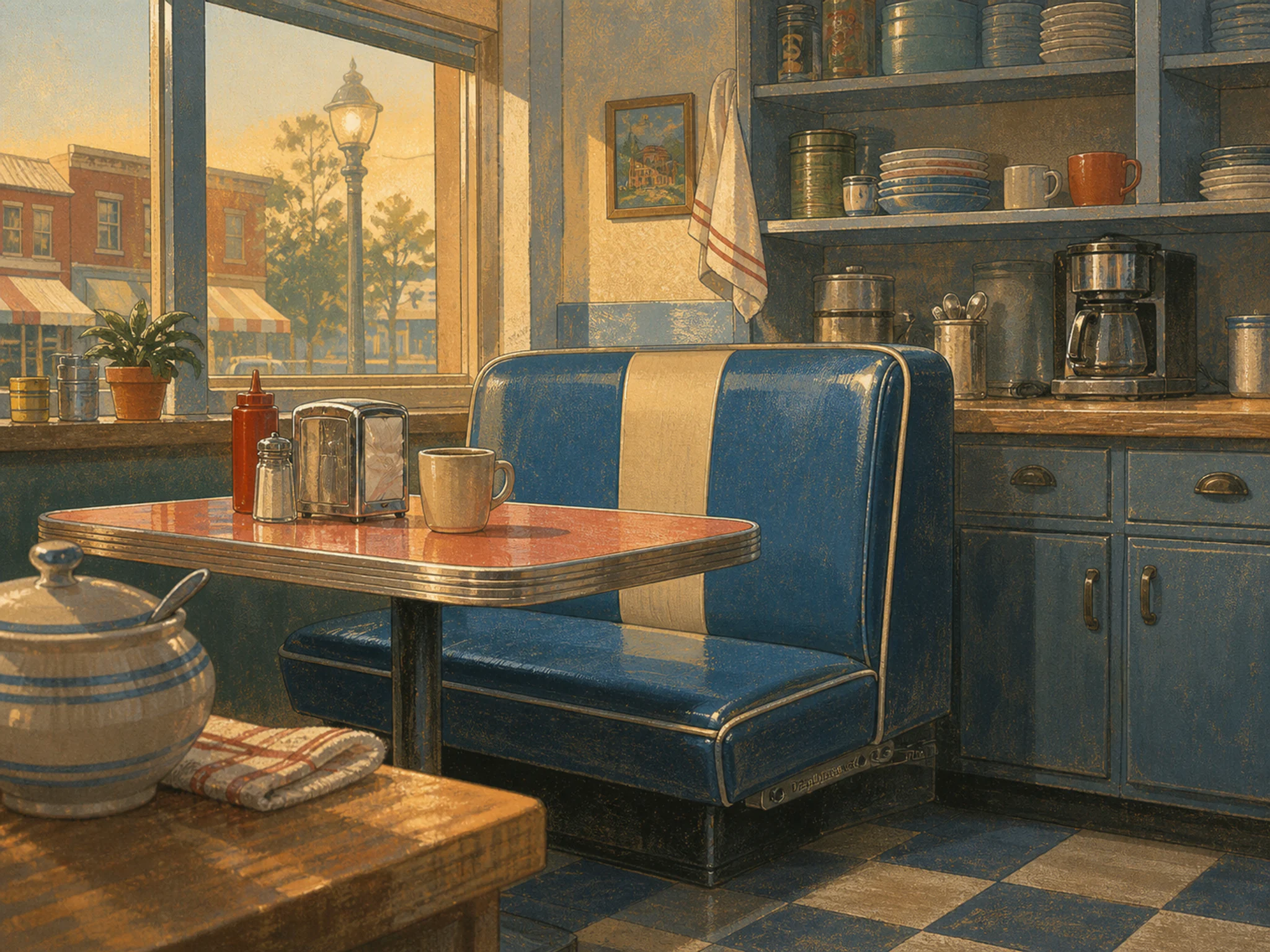 retro diner booth resting naturally beside a ceramic sugar bowl without text in a small neighborhood diner booth before opening, with familiar objects and clear early-morning.