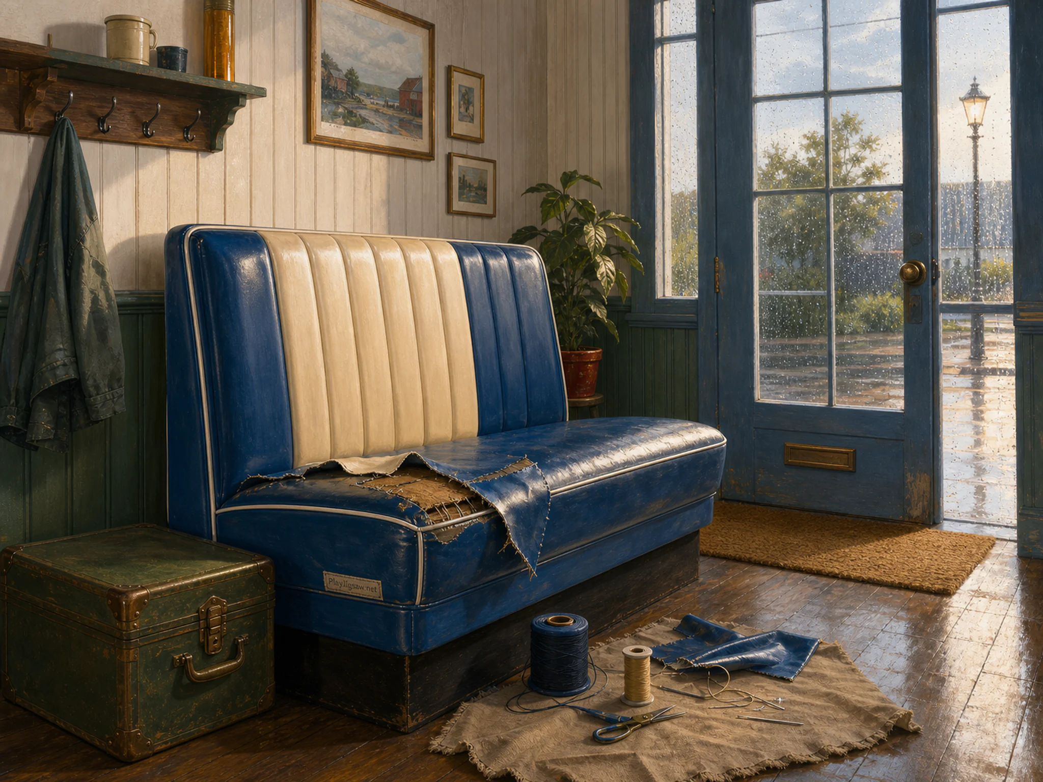 Retro Diner Booth being mended beside small storage trunk in a rain-speckled entry room, with layered scenery and clear early morning light.