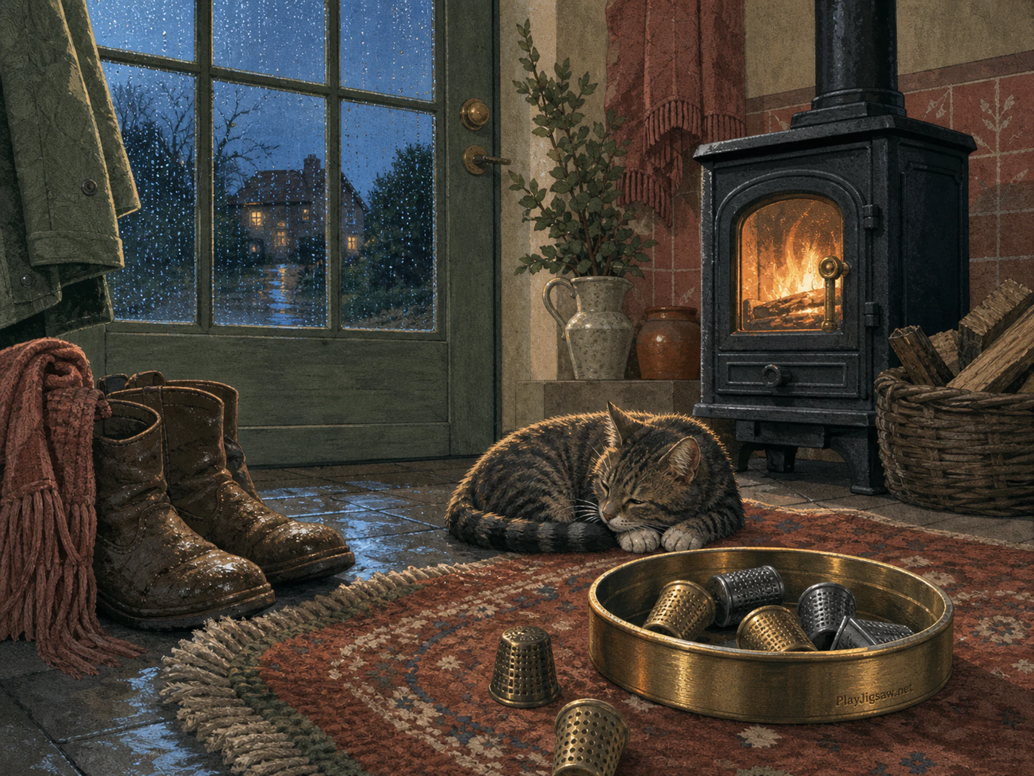 Cabin Stove Corner playing softly near brass thimble tin in a rain-speckled entry room, with layered scenery and cool blue-hour light.