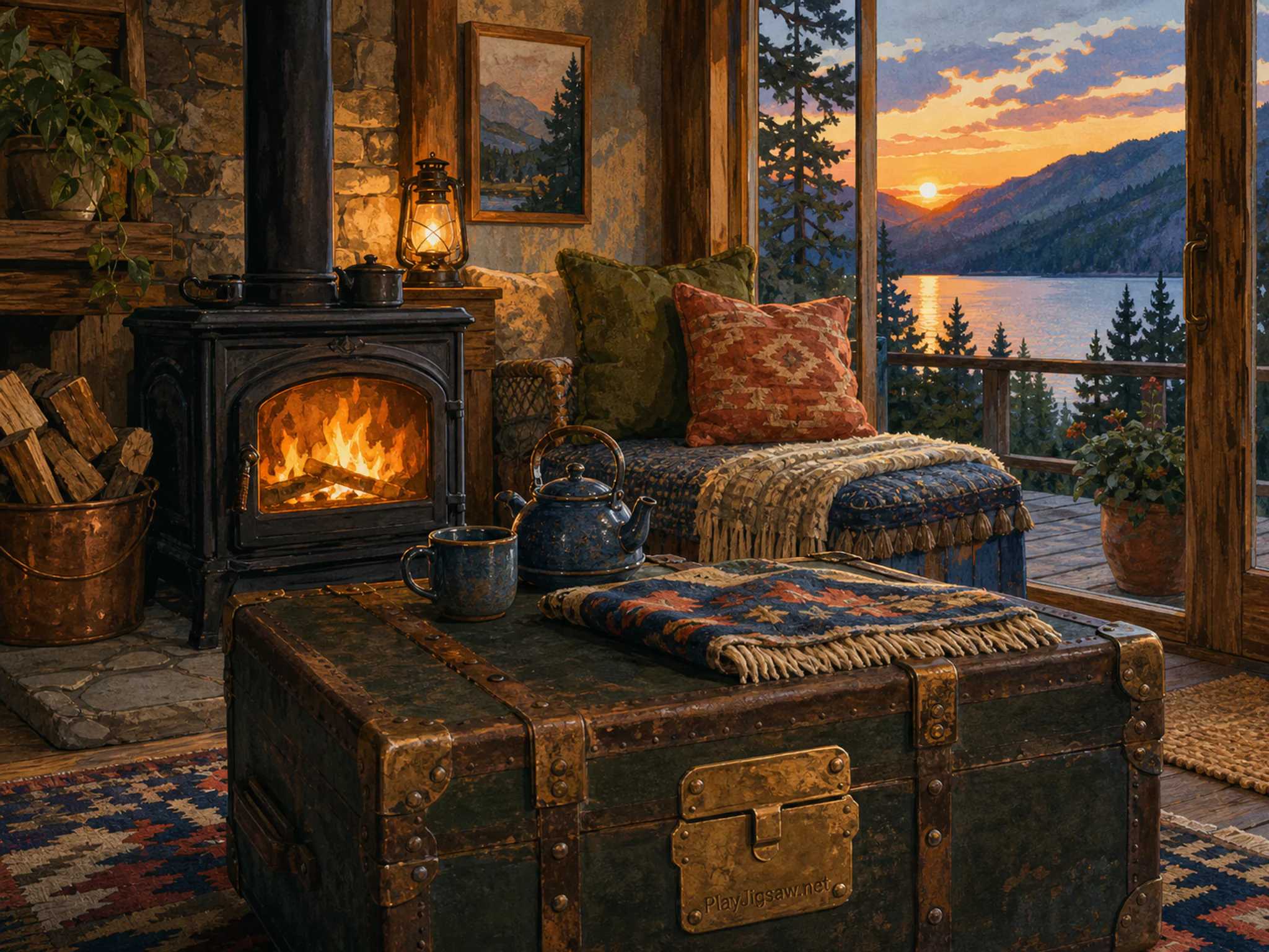 Cabin Stove Corner warming near woven porch cushion in a firelit evening corner, with layered scenery and warm late-day sunlight.