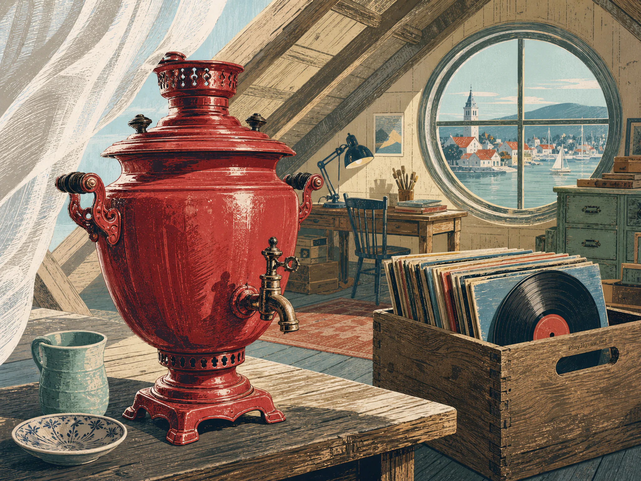 Carmine Samovar catching a breeze beside walnut record crate in a timbered attic workspace, with layered scenery and clear early morning light.