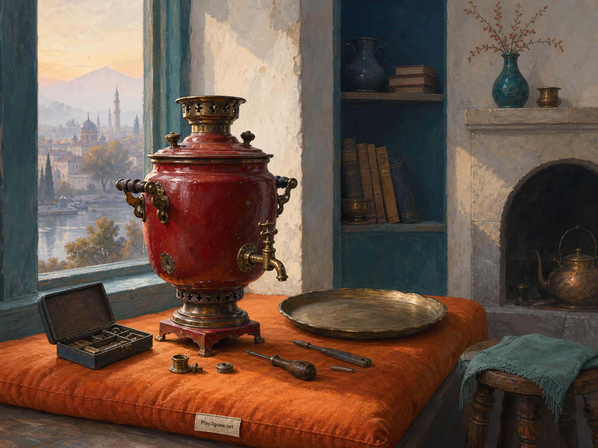 Carmine Samovar being mended beside engraved tea tray in a softly lit window alcove, with layered scenery and calm misty dawn.