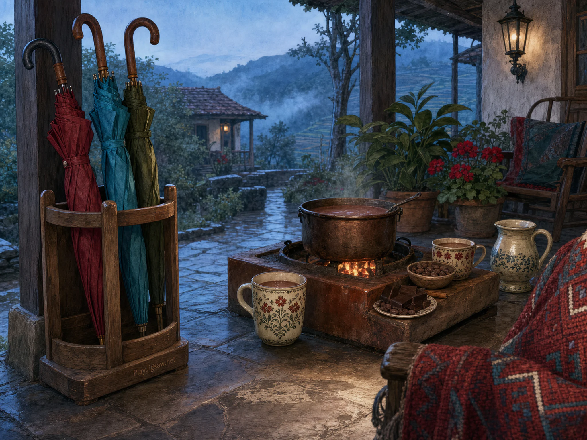 Cocoa Hearth set for morning near wooden umbrella stand in a sheltered outdoor veranda, with layered scenery and cool blue-hour light.