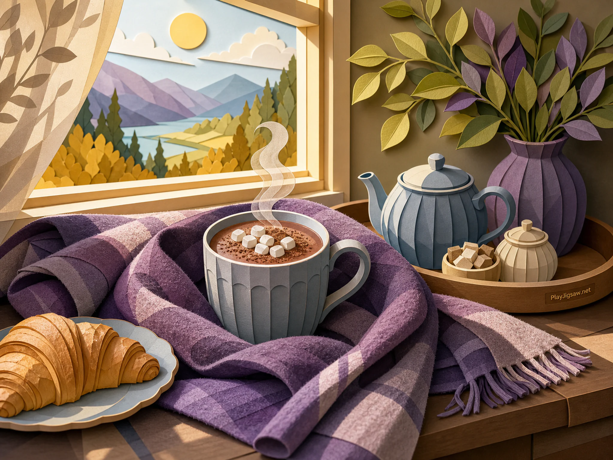 Cocoa Hearth stored beneath folded wool blanket in a bright morning breakfast corner, with layered scenery and warm late-day sunlight.