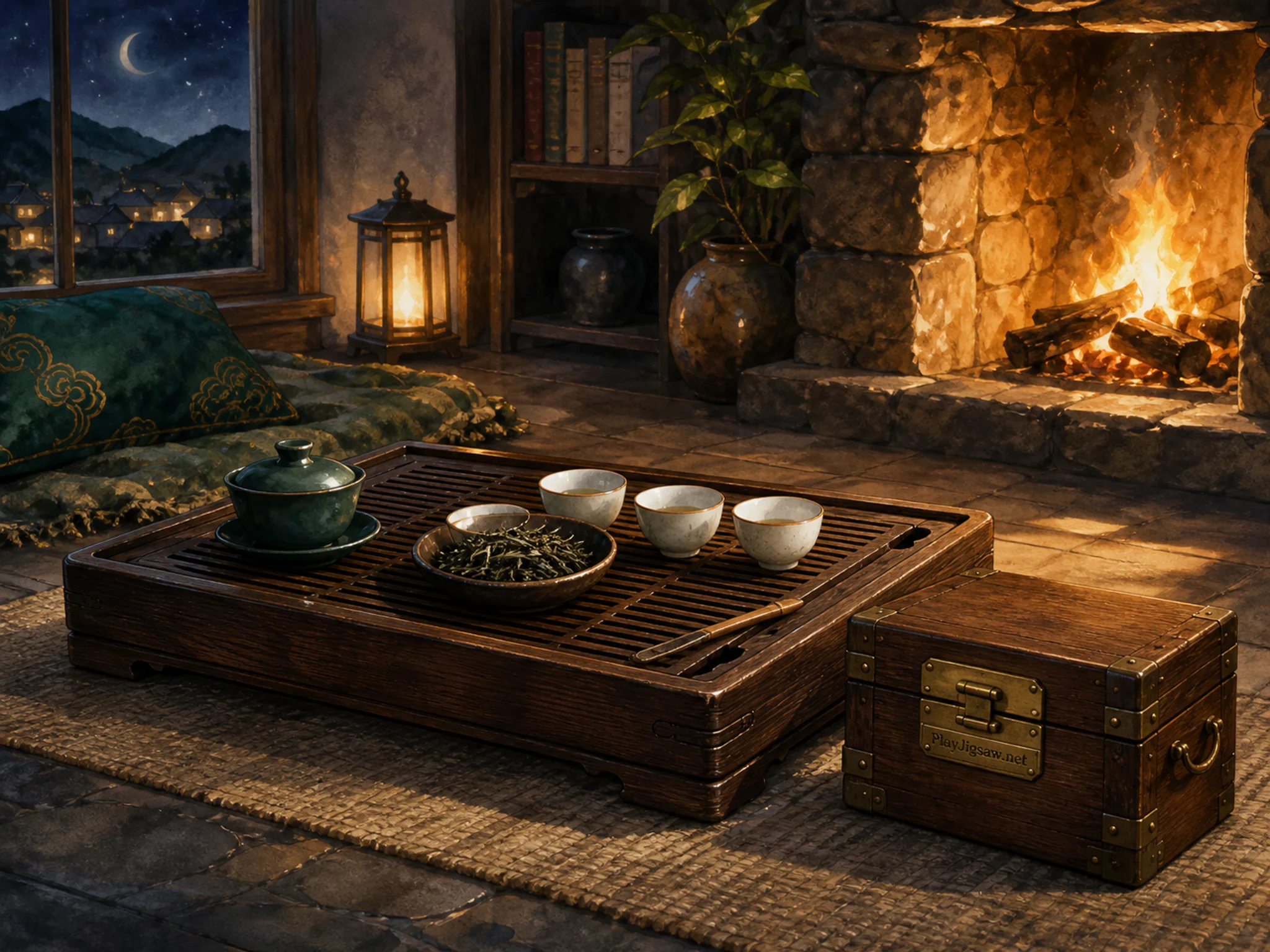 Tea Tasting Table drying beside small storage trunk in a firelit evening corner, with layered scenery and clear early morning light.