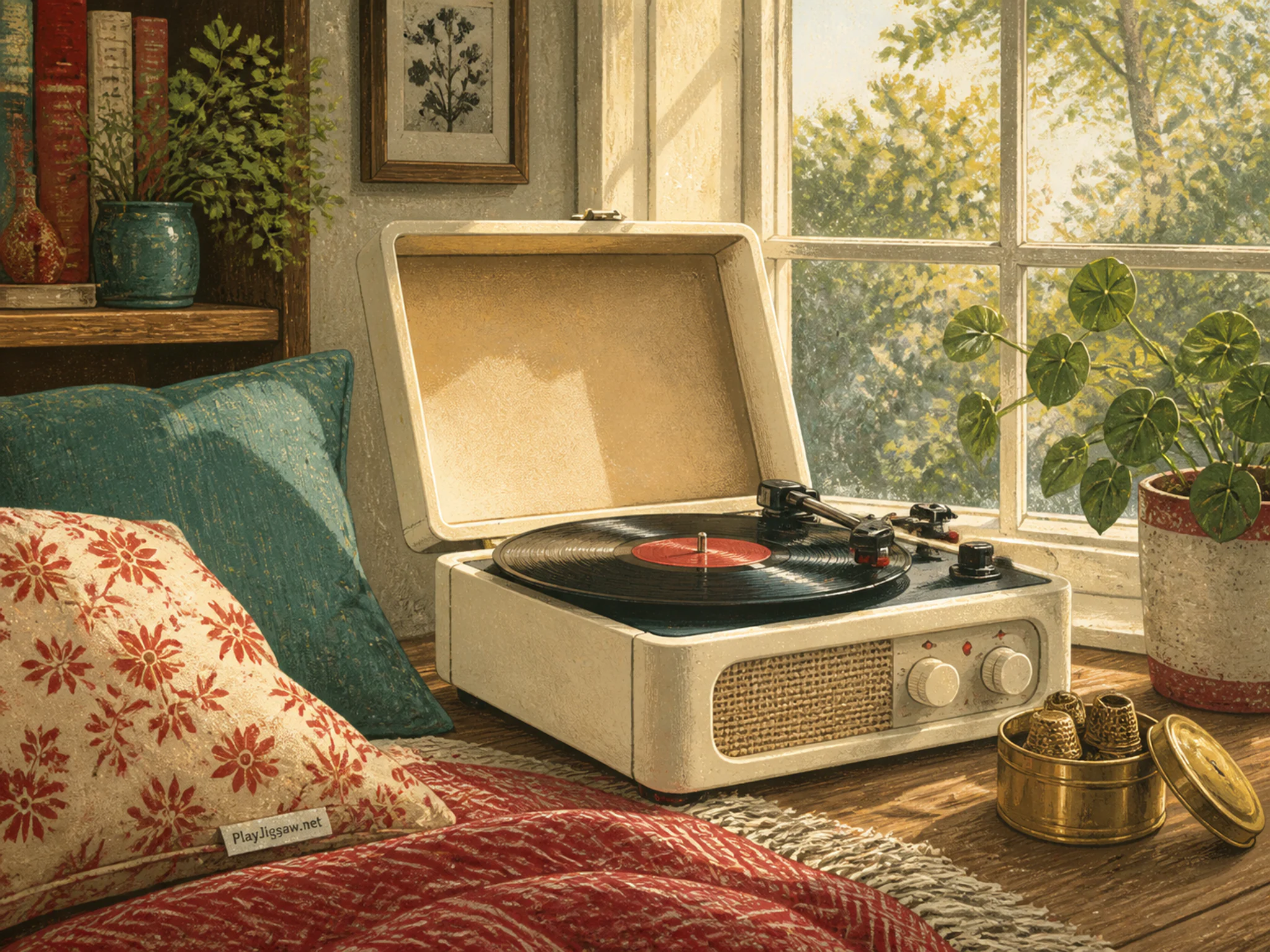 Ivory Record Player warming near brass thimble tin in a softly lit window alcove, with layered scenery and clear early morning light.